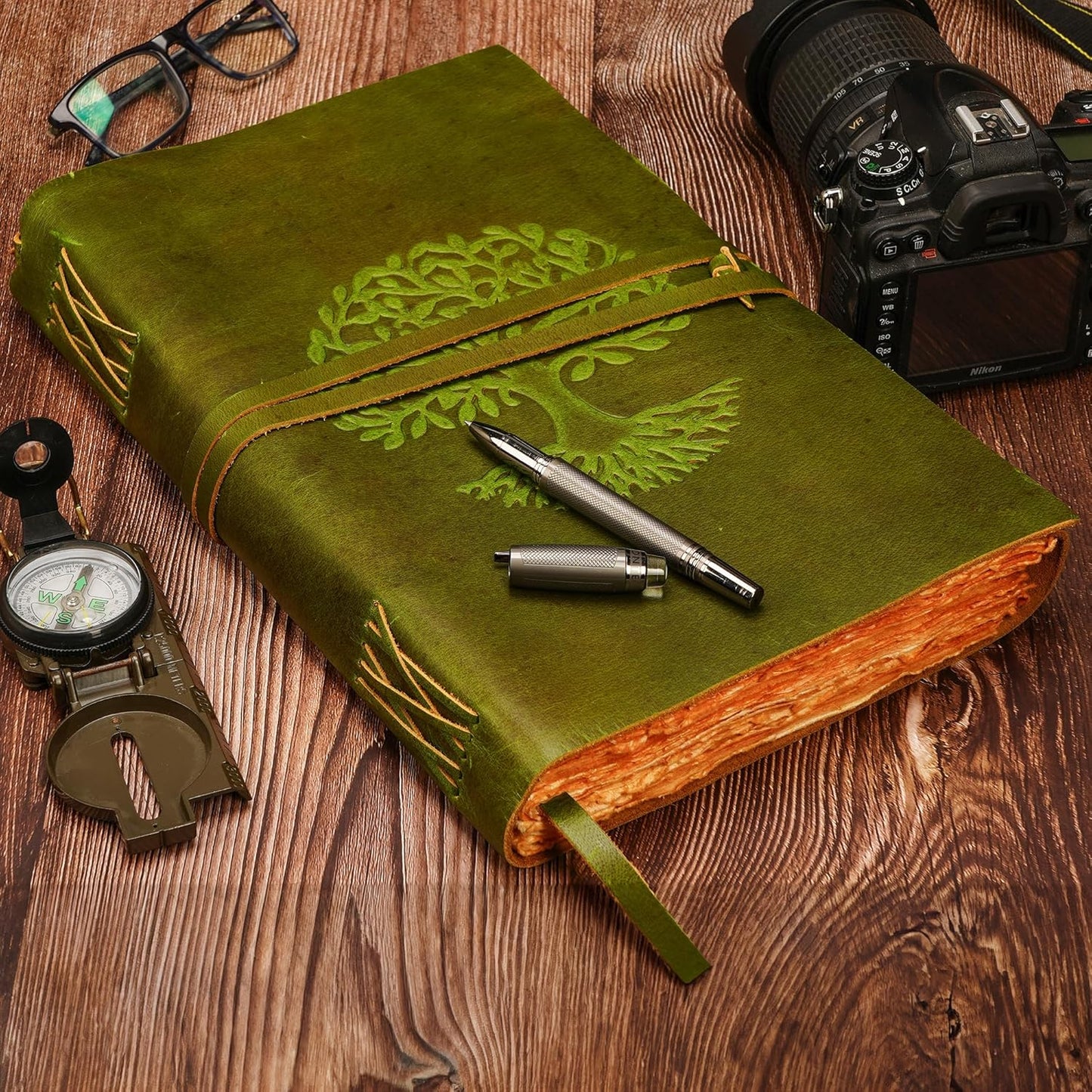 LUXEORIA Tree Of Life Leather Journal for Women and Men, Handcrafted Leather Journal for Writing Womens, Sketchbook, Travel Diary with Unlined Deckle Paper, Mint Green 8x13