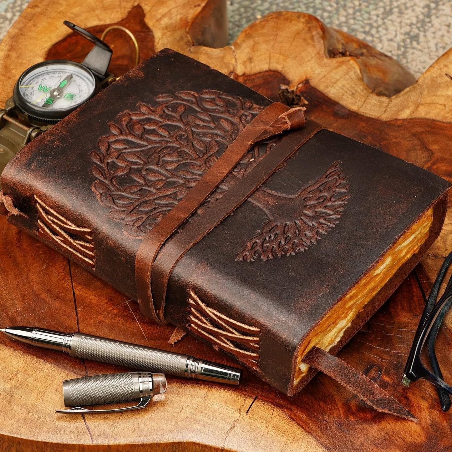 LUXEORIA Leather Journal for Women and Men, 200 Pages - 5"x7", Travel Dairy, Unlined Women's Notebook, Tree Of Life Sketchbook for Drawing, Writing- Antique Deckle Edges Handmade Paper, Vintage Brown