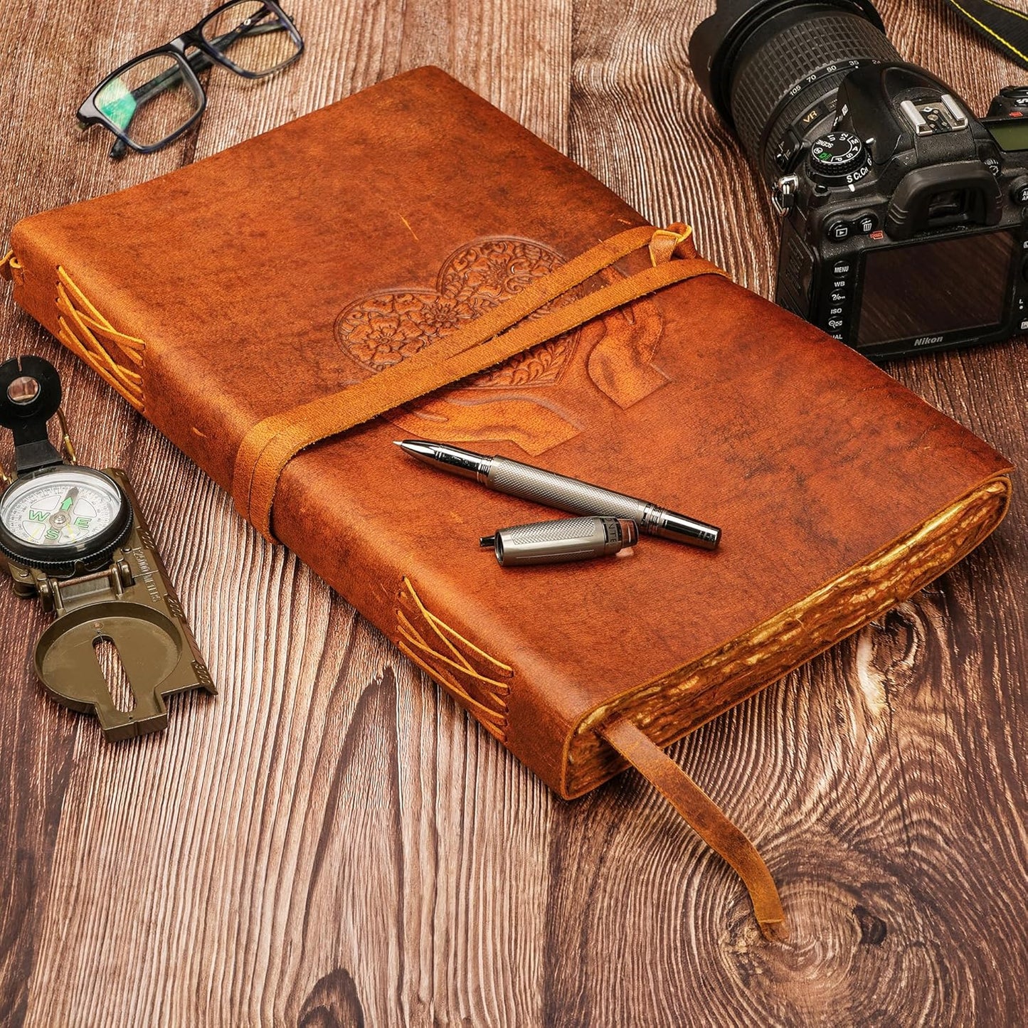 LUXEORIA Heart Journal for Women and Men, Handcrafted Leather Journal for Writing Womens, Sketchbook, Travel Diary with Unlined Deckle Paper, Tan 8x13