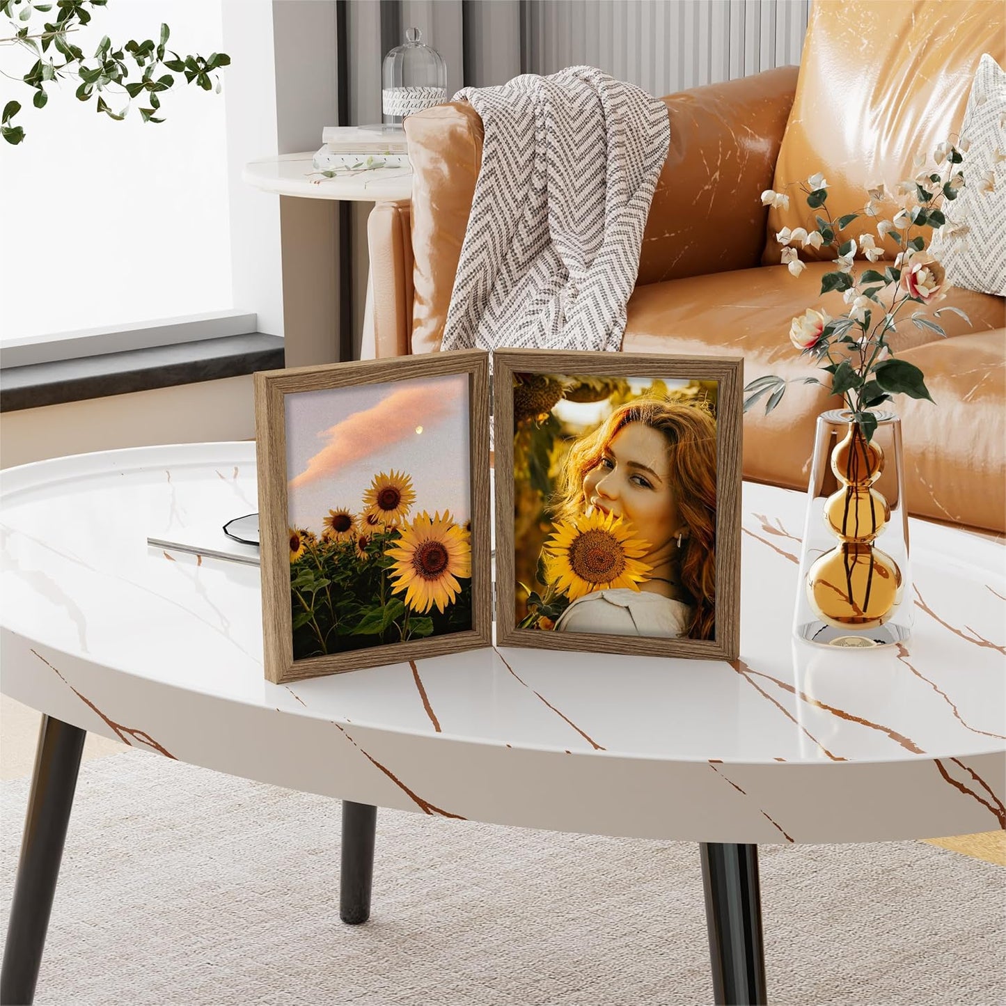 decorUhome Double 8x10 Picture Frame Vertical, Engineered Wood Bifold Photo Frame with Plexiglass for Tabletop Display, 8x10, Oak