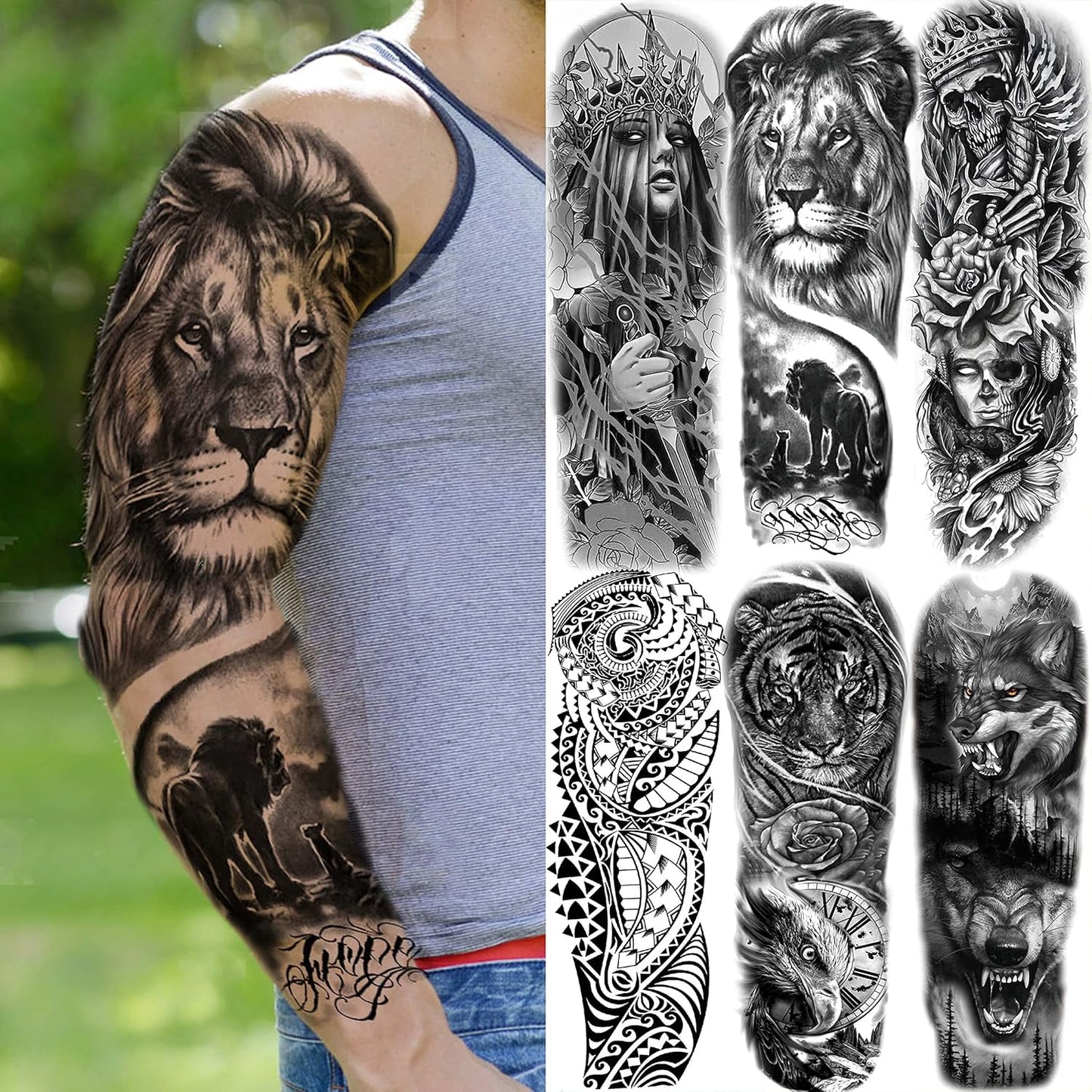 20 Sheets Black Tribal Wolf Tiger Lion Temporary Tattoo Sleeve For Men Adults, 3D Halloween Prison Gothic Maori Sleeve Tattoos For Women, Fake Full Arm Sleeve Tattoo Stickers Skull Skeleton