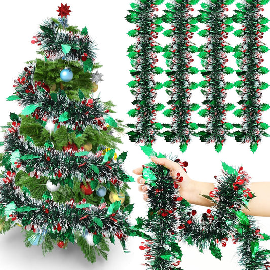 72 Feet Christmas Tinsel Garland Shiny Metallic Tinsel Twist Garland Streamers Ornaments Long Glitter Christmas Tree Hanging Decorations for Party Holiday Wedding Birthday Tree (Dark Green White)