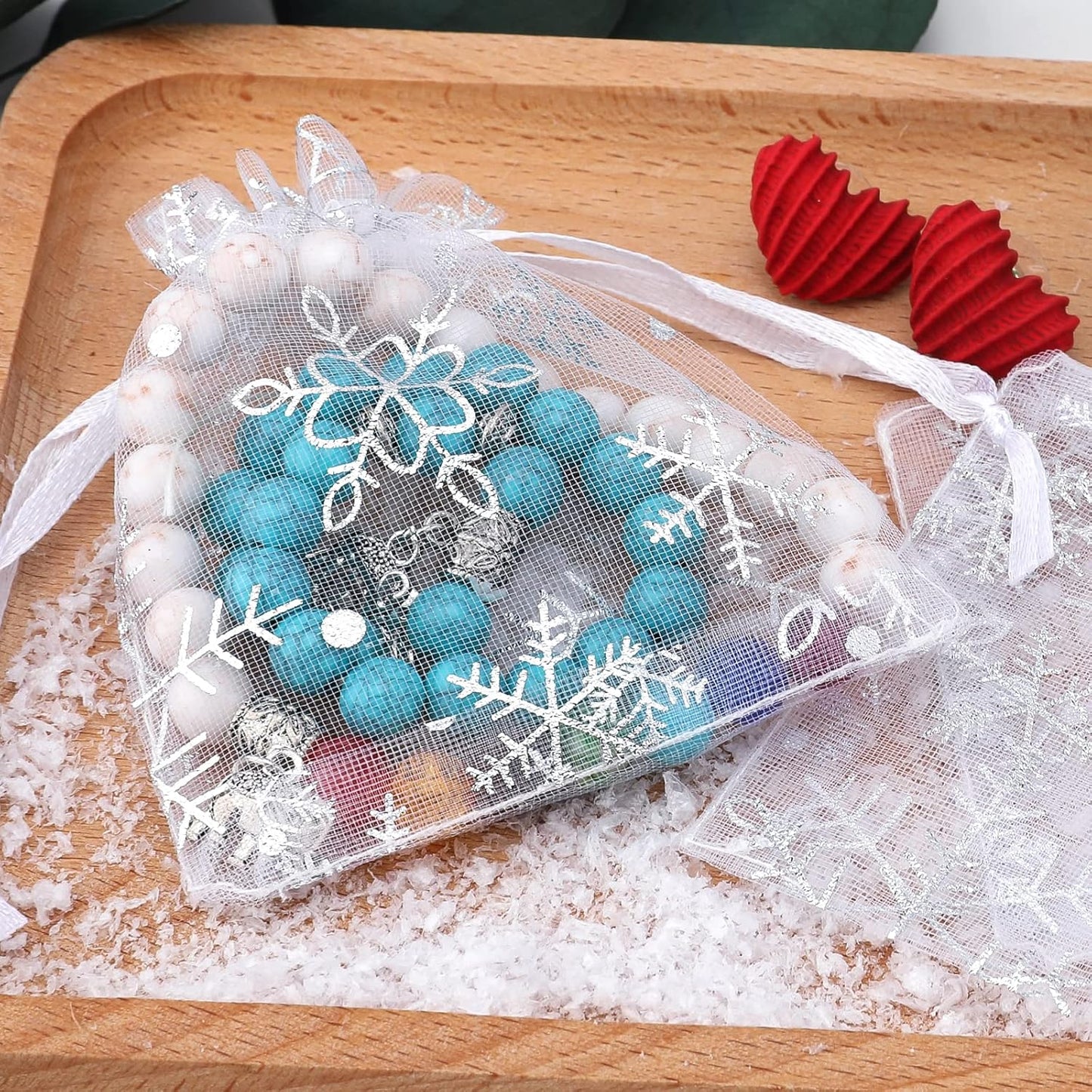 jijAcraft 3x4 Inch Christmas Organza Bags - 50Pcs White Snowflake Gift Bags with Drawstring, Xmas Party Favor Sheer Mesh Pouches for Winter Gift, Candy, Jewelry Bag