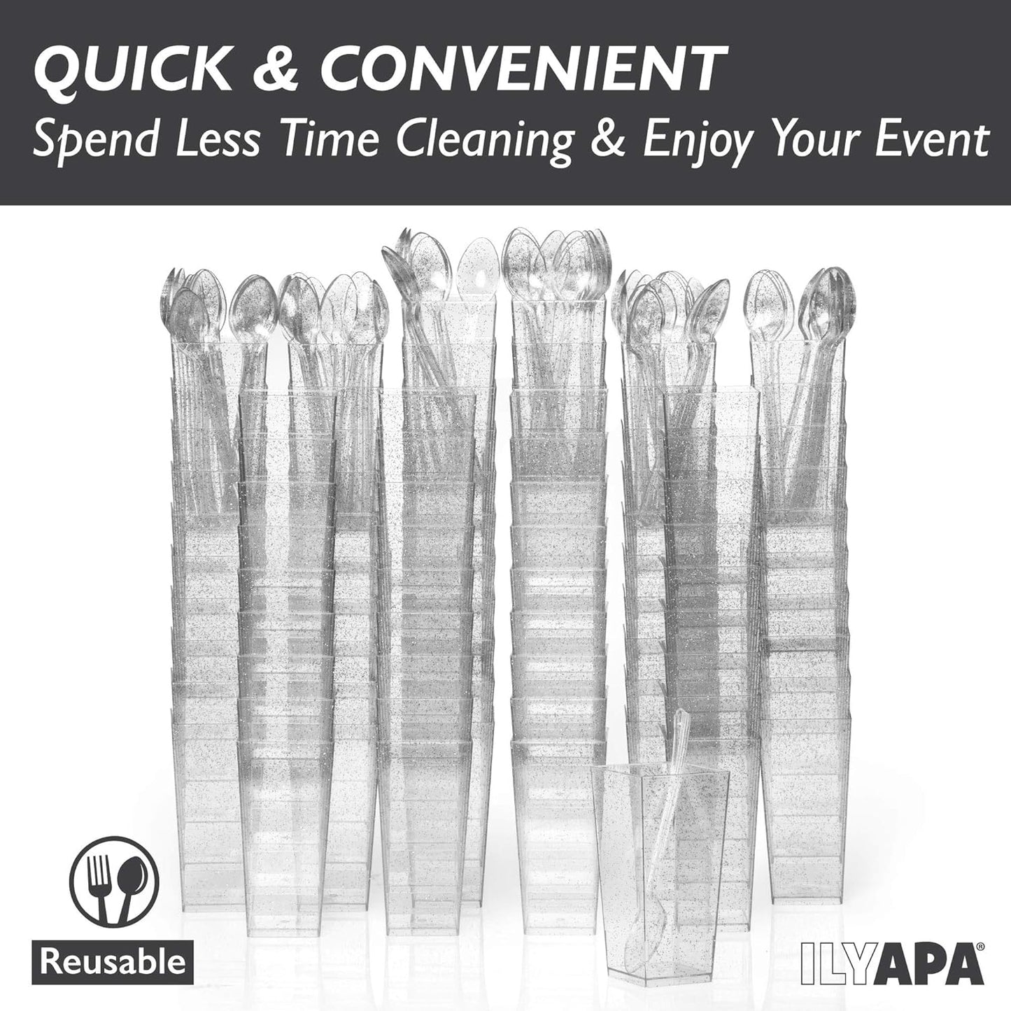 Ilyapa 3oz Plastic Dessert Cups - 100 Pack Mini Dessert Cups with Spoons - Clear Reusable Small Appetizer Cup for Cheesecake Shooters, Chocolate Mousse - Party and Catering Supplies - Square Silver