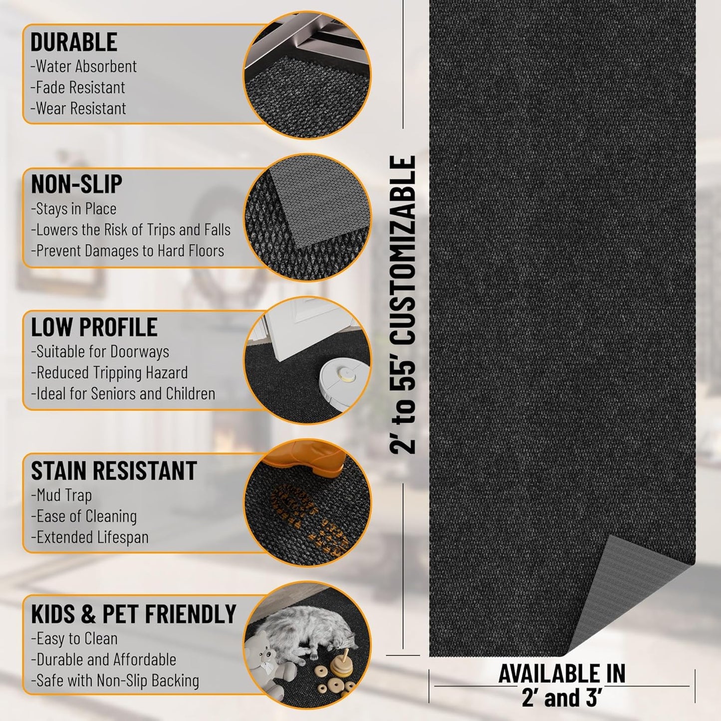 Ottomanson Commercial Scrape Rib Entry Mat – Heavy Duty Ribbed Floor Mat for High Traffic – Non Slip Rubber Back, Waterproof – Indoor Outdoor Use for Offices, Schools, Lobbies, 2'7" x 39', Black