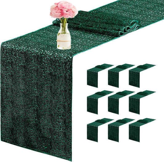 10 Packs 12 x 72 inches Sequin Table Runner, Hunter Green Glitter Table Runner for Birthday Party Supplies Wedding Engagement Baby Shower Holiday Celebration Event Decorations