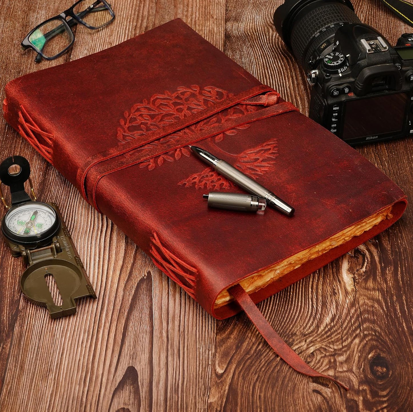 LUXEORIA Tree Of Life Leather Journal for Women and Men, Handcrafted Leather Journal for Writing Womens, Sketchbook, Travel Diary with Unlined Deckle Paper, Wine Red 8x13