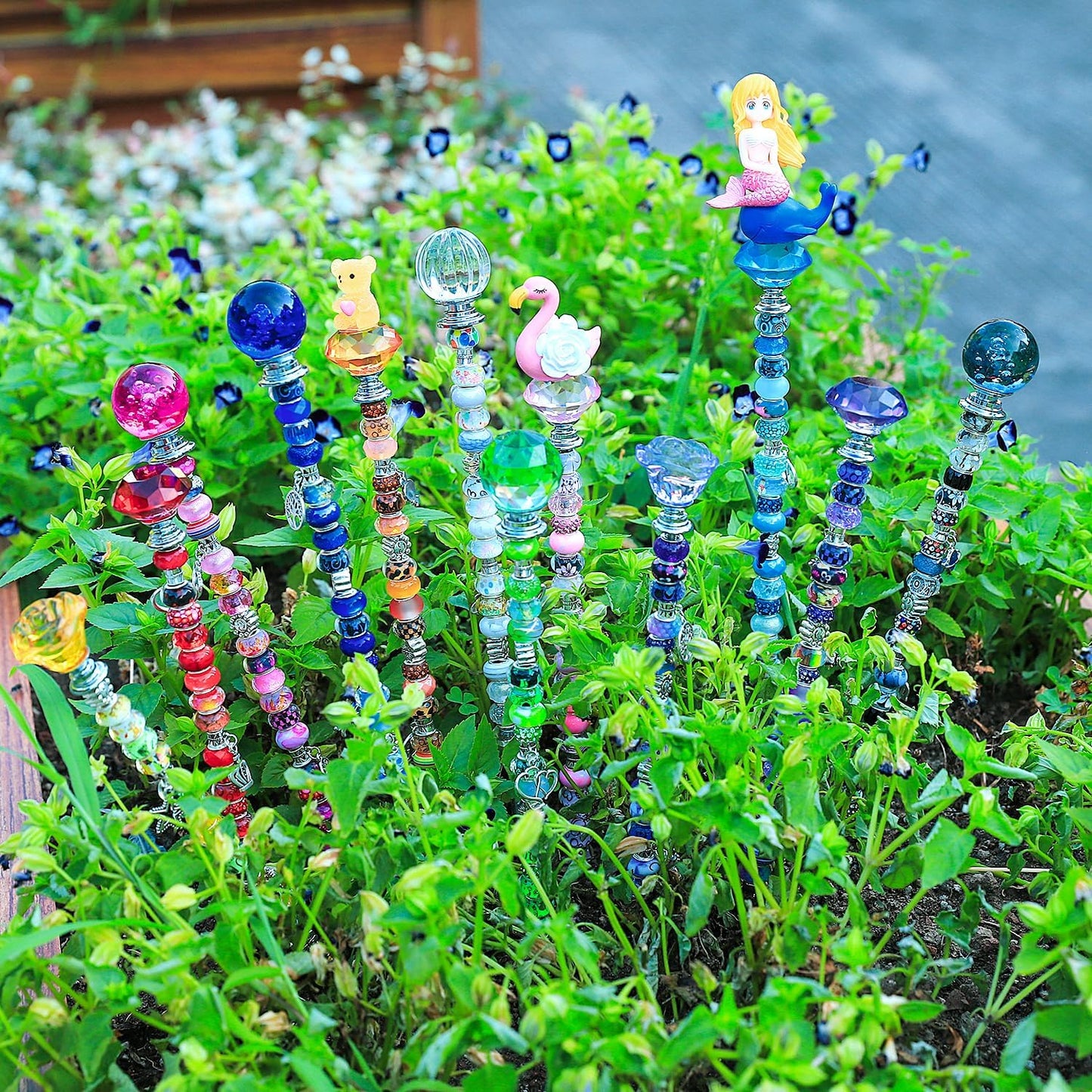 AIPRIDY 238 Pcs DIY Fairy Wand Garden Stakes Kit,Multiple Color Scheme European Beads Crystal Diamond Tops and 12 or 10 Inch Threaded Rods,Stainless Steel Stakes with Diamond Toppe (Hybrid)