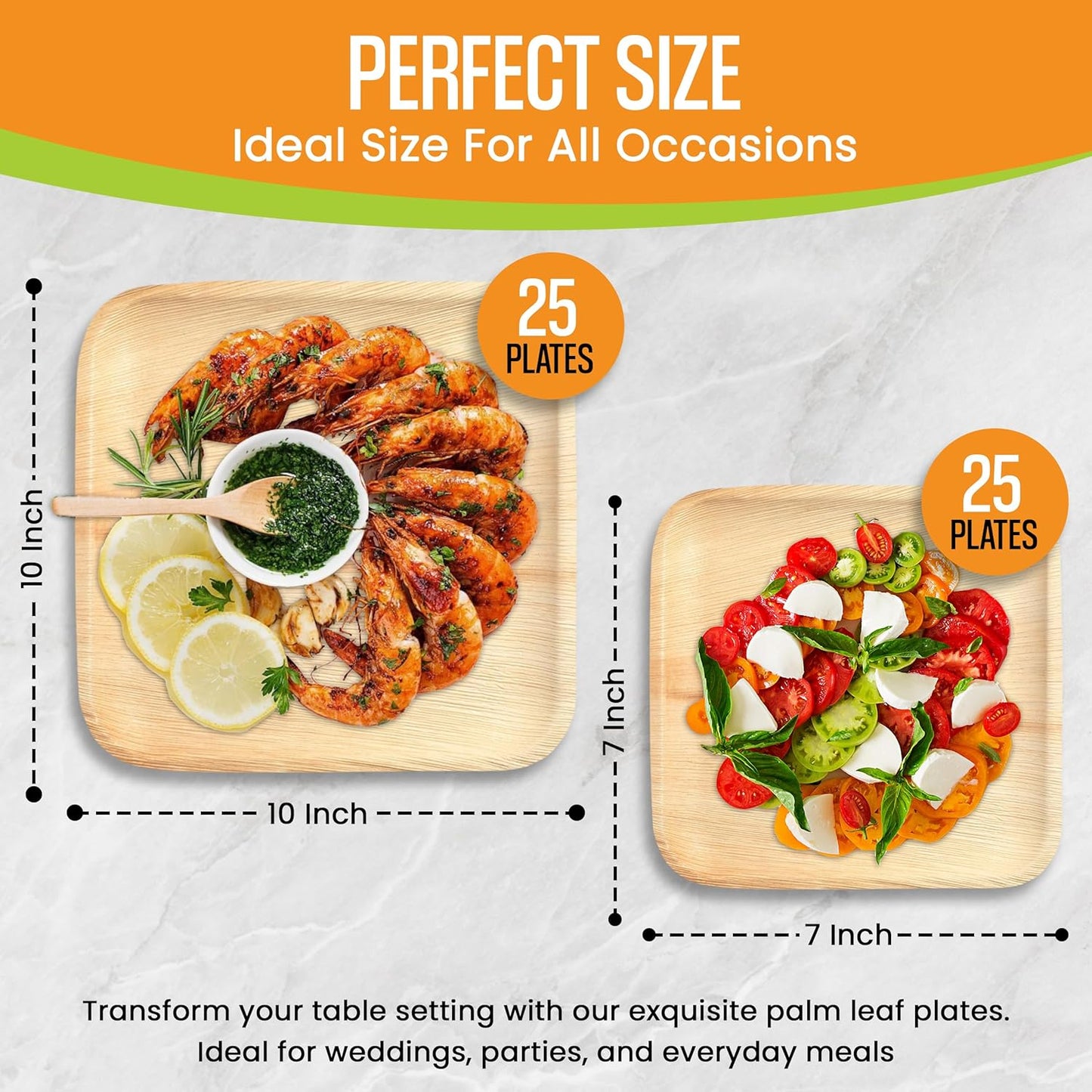 Raj Palm Leaf Plates Disposable Bamboo Plates 10 Inch & 7 Inch Square Bulk Party Pack (50 Pc) Compostable and Biodegradable - Better than Plastic & Paper Plate for Lunch, Birthday, Camping