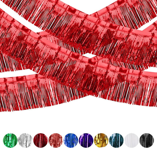4 Pack Fringe Curtains, Metallic Foil Fringe Garland Shiny Tassel Float Parade Decorations for Trailer Car Graduation Homecoming Outdoor Indoor 4th of July Party (Red)