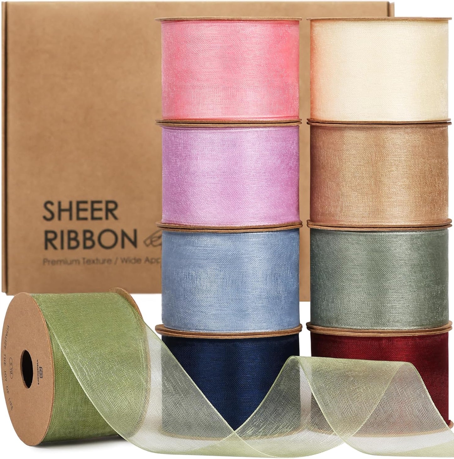 Vitalizart 1.5" x 45 Yards Organza Ribbon Pastel Color 9 Rolls x 5 Yd Sheer Ribbon for Gift Wrapping Crafts Christmas Tree Bows Wedding Invitations Wreaths Party Decor Bouquet DIY Projects