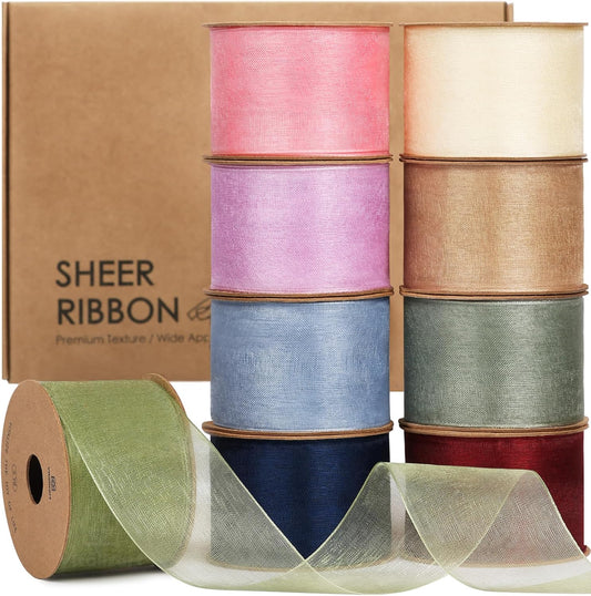 Vitalizart 1.5" x 45 Yards Organza Ribbon Pastel Color 9 Rolls x 5 Yd Sheer Ribbon for Gift Wrapping Crafts Christmas Tree Bows Wedding Invitations Wreaths Party Decor Bouquet DIY Projects