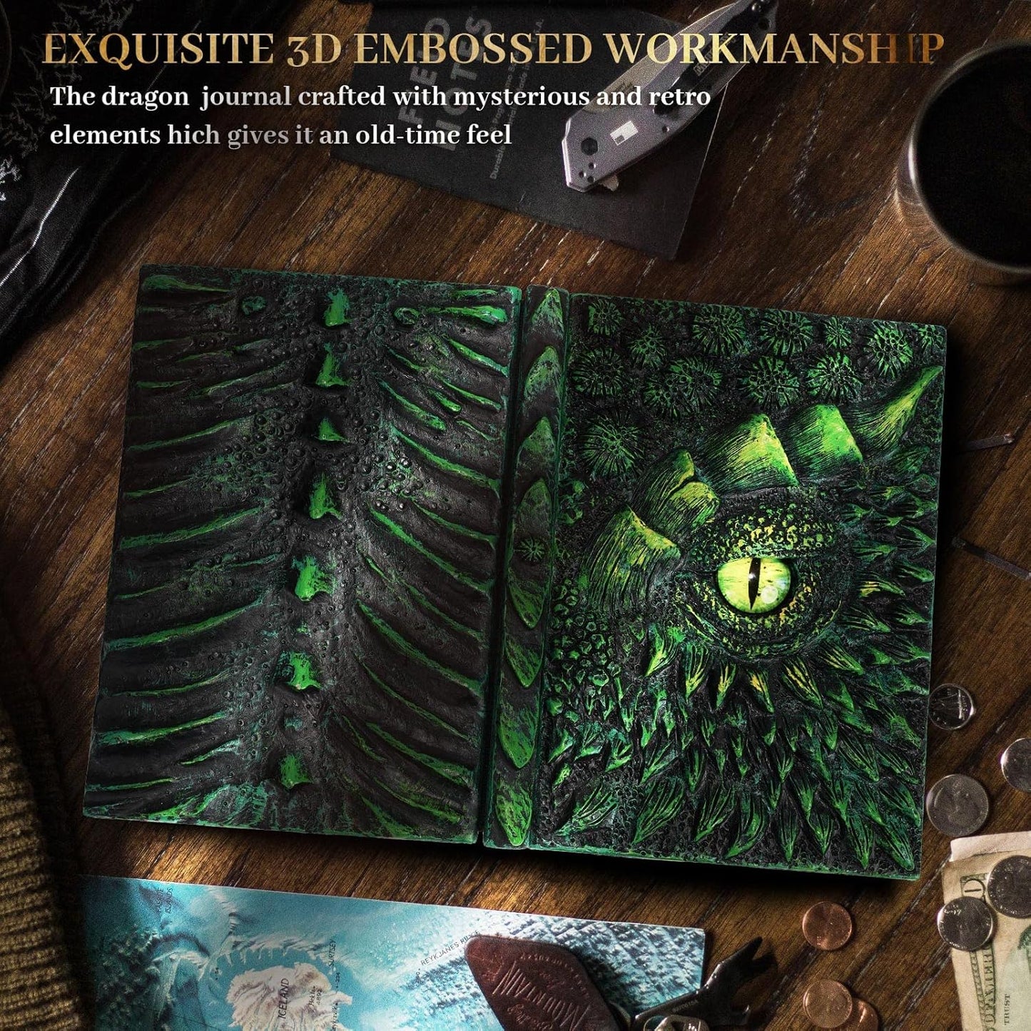 molshine A5 (7.3" x 5.1") 3D Dragon Embossed Journal,Resin Engraving Notebook,Retro Diary,100 Sheets Blank Paper,Hardcover Travel Notepad for Writing,Sketchbook,Collection,Gift,Decoration (Green)