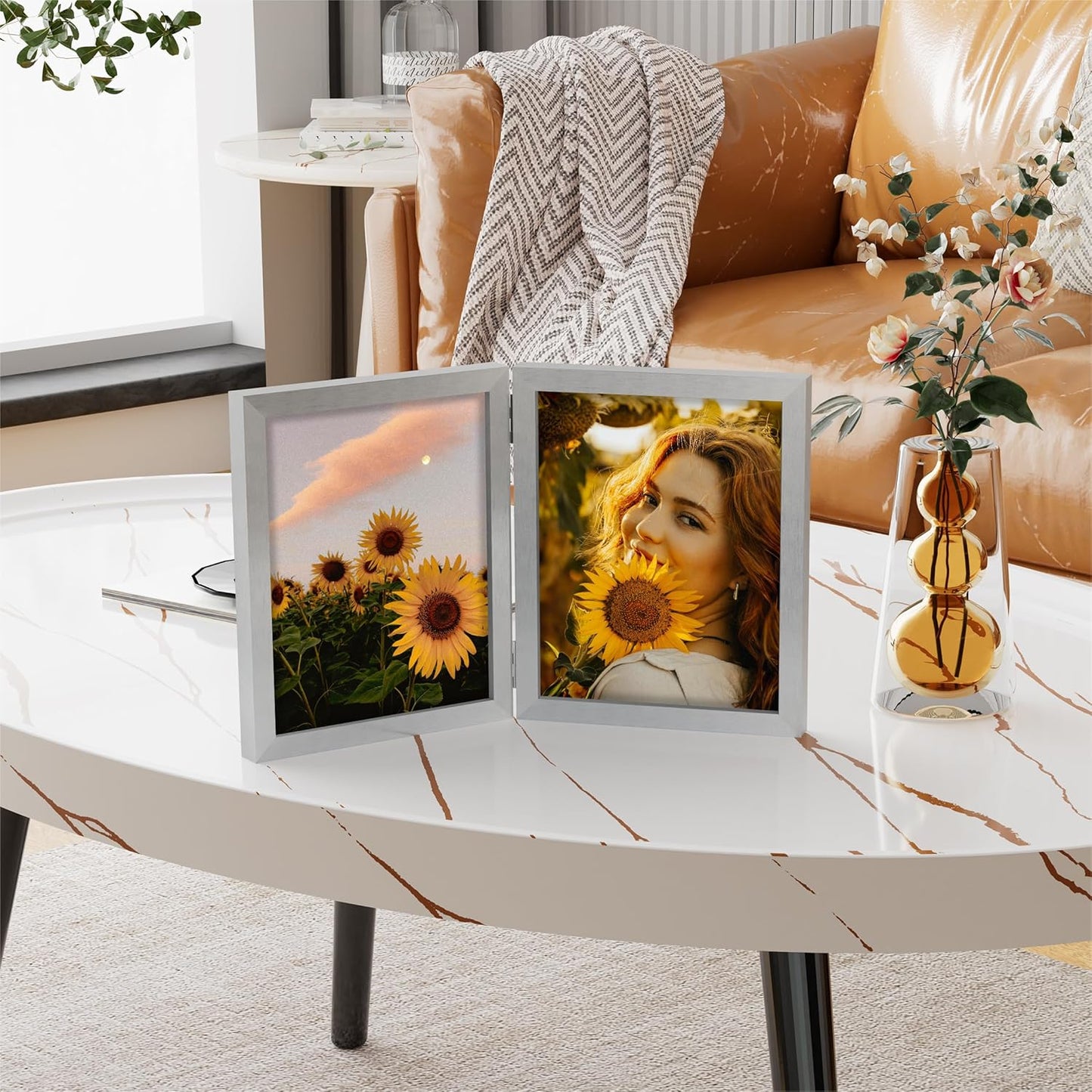 decorUhome Double 8x10 Picture Frame Vertical, Engineered Wood Bifold Photo Frame with Plexiglass for Tabletop Display, 8x10, Silver