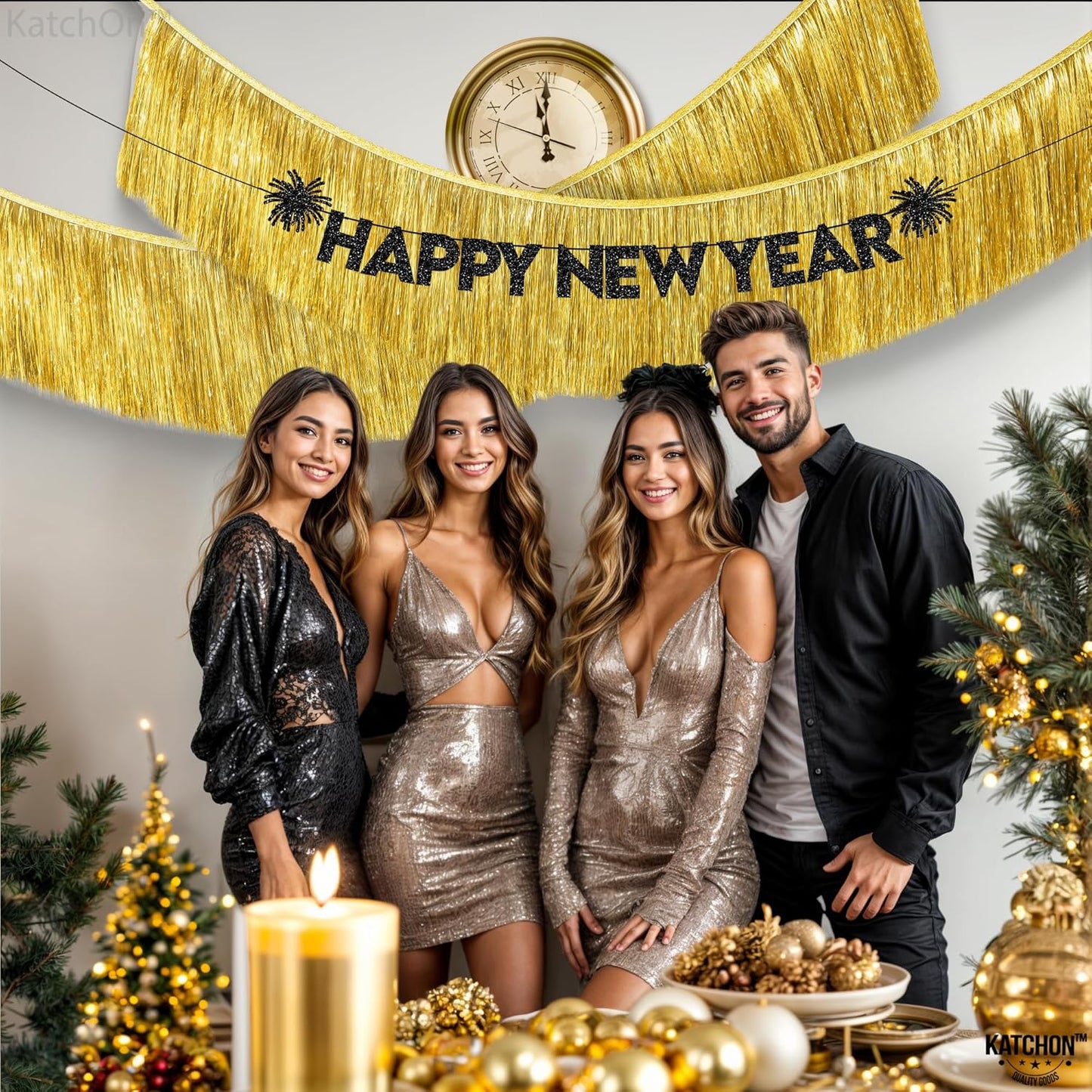 KatchOn, Pack of 2 Gold Fringe Garland - Gold Tinsel Banner for Birthday Party Decorations, Bridal Shower | Golden Foil Curtains for Golden Party Decor, Wedding, New Years Decorations