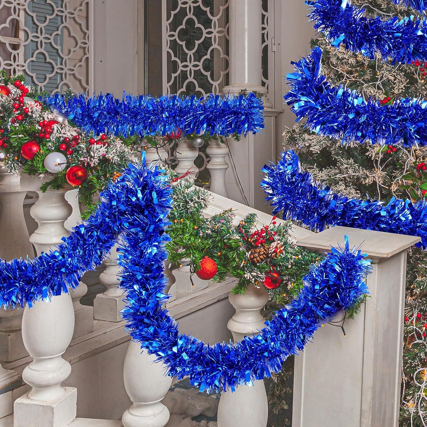 72 Feet Christmas Tinsel Garland Shiny Metallic Tinsel Twist Garland Streamers Ornaments Long Glitter Christmas Tree Hanging Decorations for Party Holiday Wedding Birthday Tree Wall Rail (Blue)