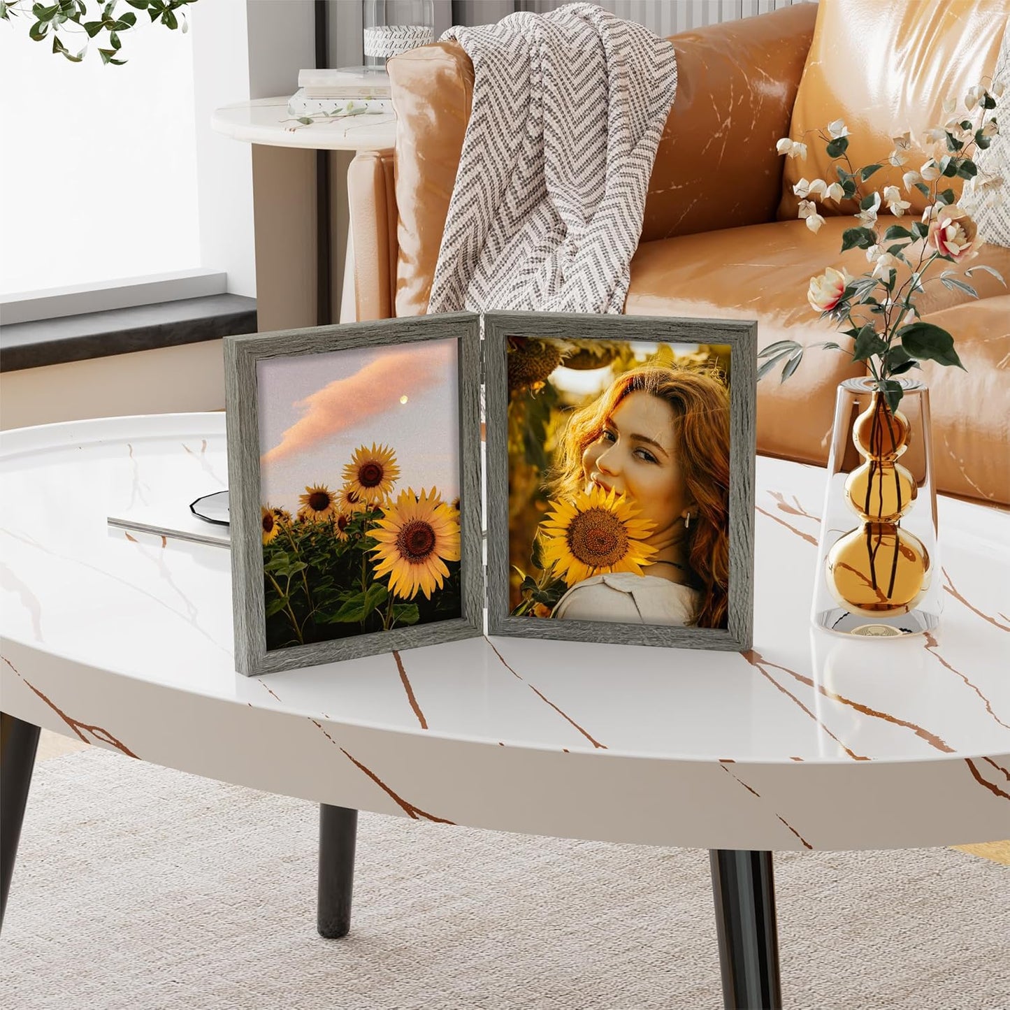 decorUhome Double 8x10 Picture Frame Vertical, Engineered Wood Bifold Photo Frame with Plexiglass for Tabletop Display, 8x10, Grey