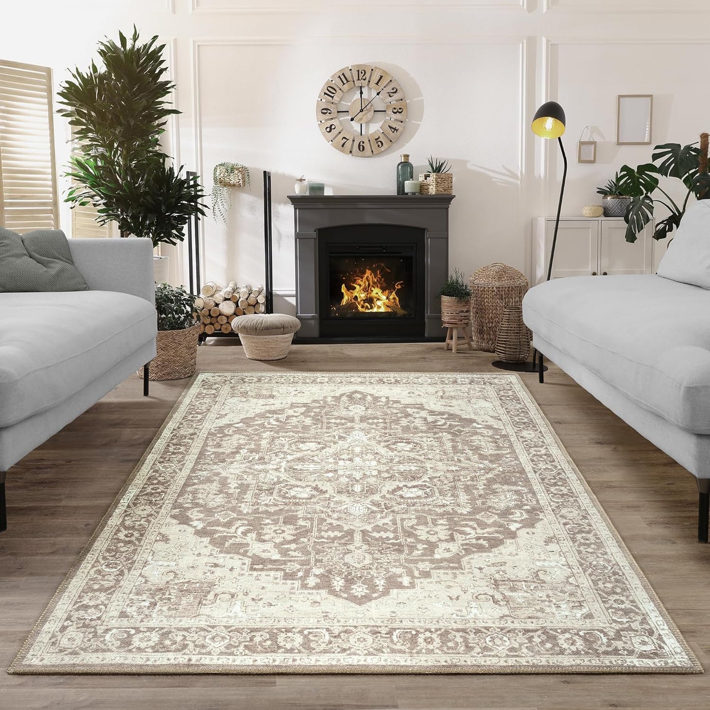 Bloom Rugs Washable Non-Slip 8' x 10' Rug - Light Brown Traditional Medallion Area Rug for Living Room, Bedroom, Dining Room, and Kitchen - Exact Size: 8' x 10'