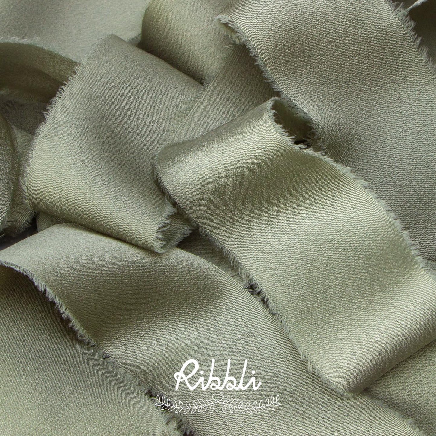 Ribbli Dusty Sage Green Silk Satin Ribbon 1.5 Inch x 12 Yard Handmade Frayed Chiffon Ribbon with Wooden Spool for Gift Wrapping, Wedding Invitations, Bridal Bouquets, Home Decor