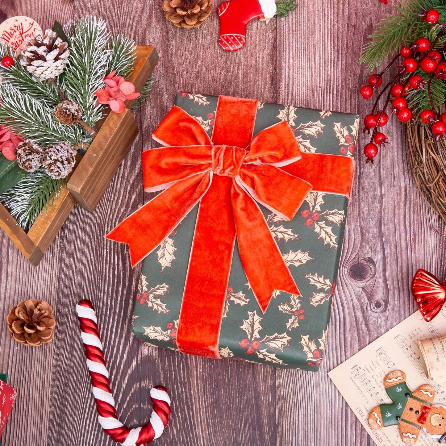 Vintage Terracotta Velvet Ribbon Christmas Ribbon for Gift Wrapping Crafts Christmas Tree Ornaments Garland Decorations, 1-1/2 Inch X 25Yd