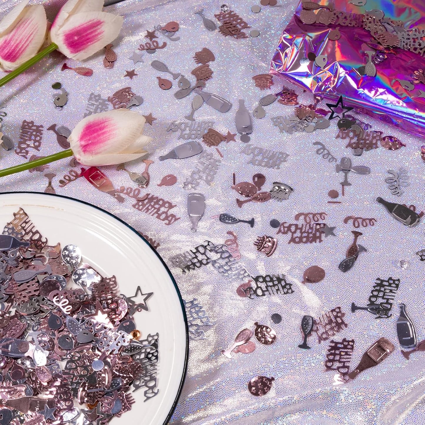 Rose Gold and Silver Happy Birthday Confetti, 3000 Pcs Birthday Cake Table Metallic Foil Confetti Party Table Decor for Party, Baby Shower, DIY Arts and Crafting