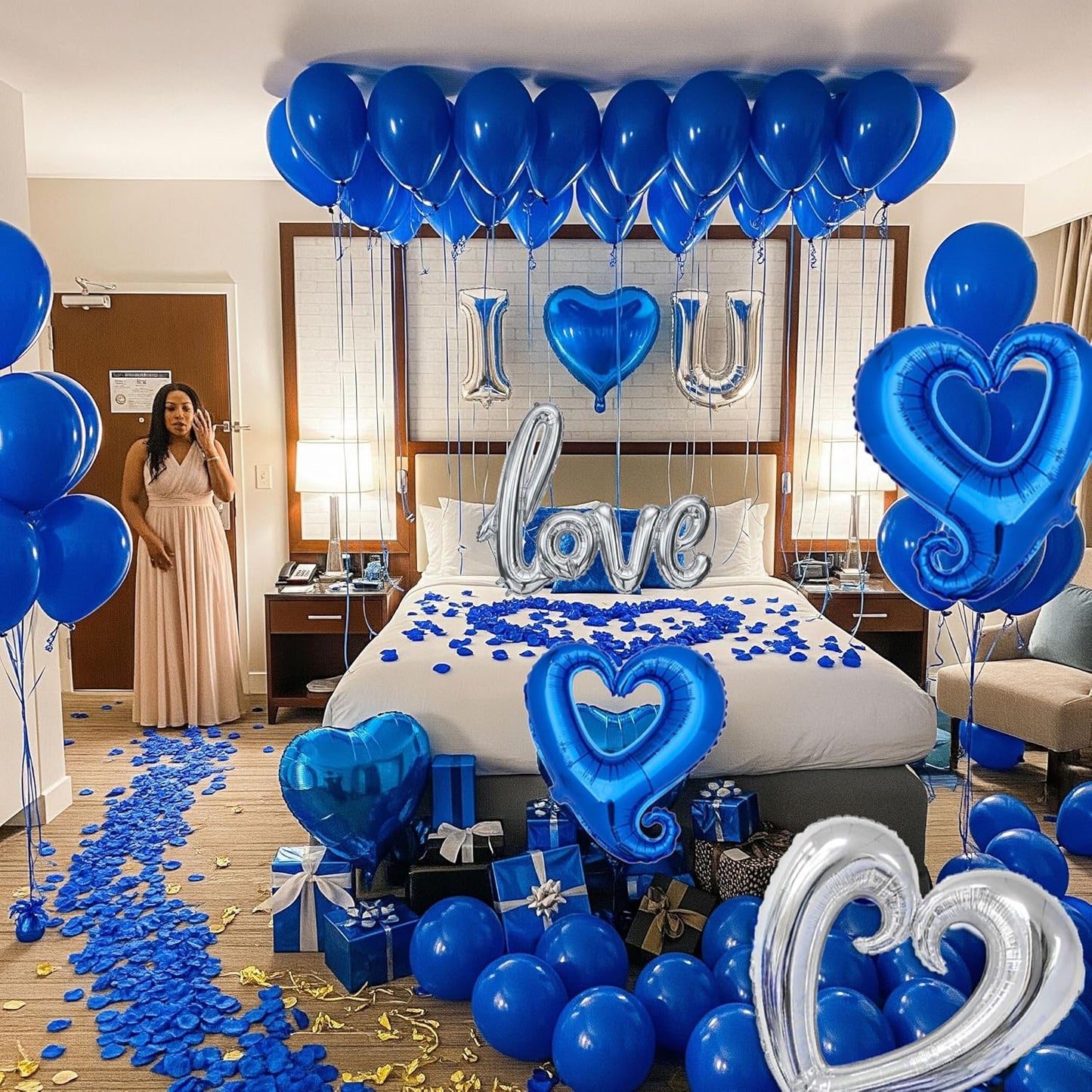 I Love You Balloons for Him/Her Balloons Royal Blue Sliver romantic balloon kit with blue heart mylar balloons blue rose petals for hotel Decorations Valentines Party wedding anniversary supplies