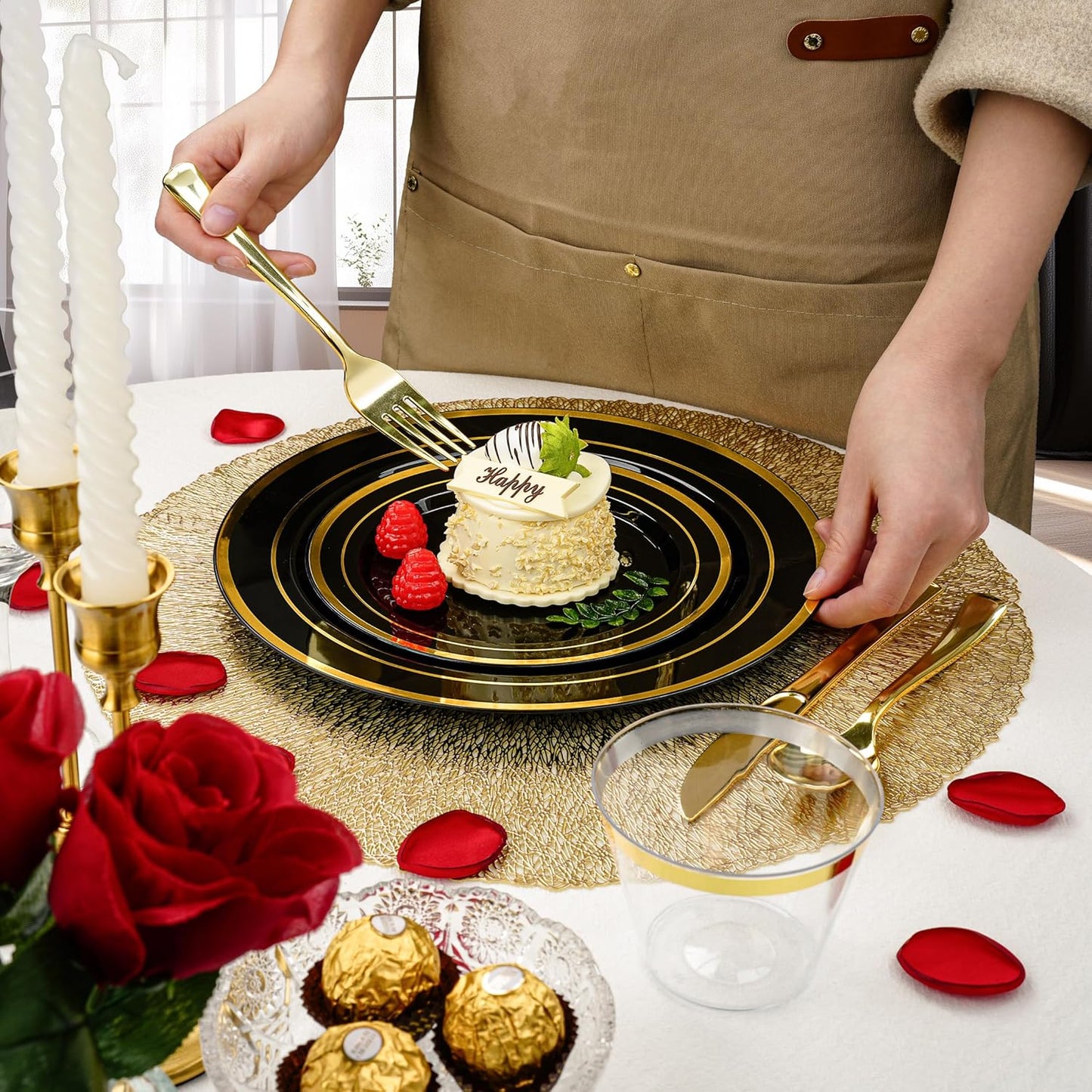 BESTVIP 300PCS Black Gold Dinnerware Set for 50 Guests, Plastic Plates for Halloween Party and Christmas, 50 Disposable Plates, 50 Dessert Plates, 50 Cups, 50 Spoons, 50 Forks and 50 Knives