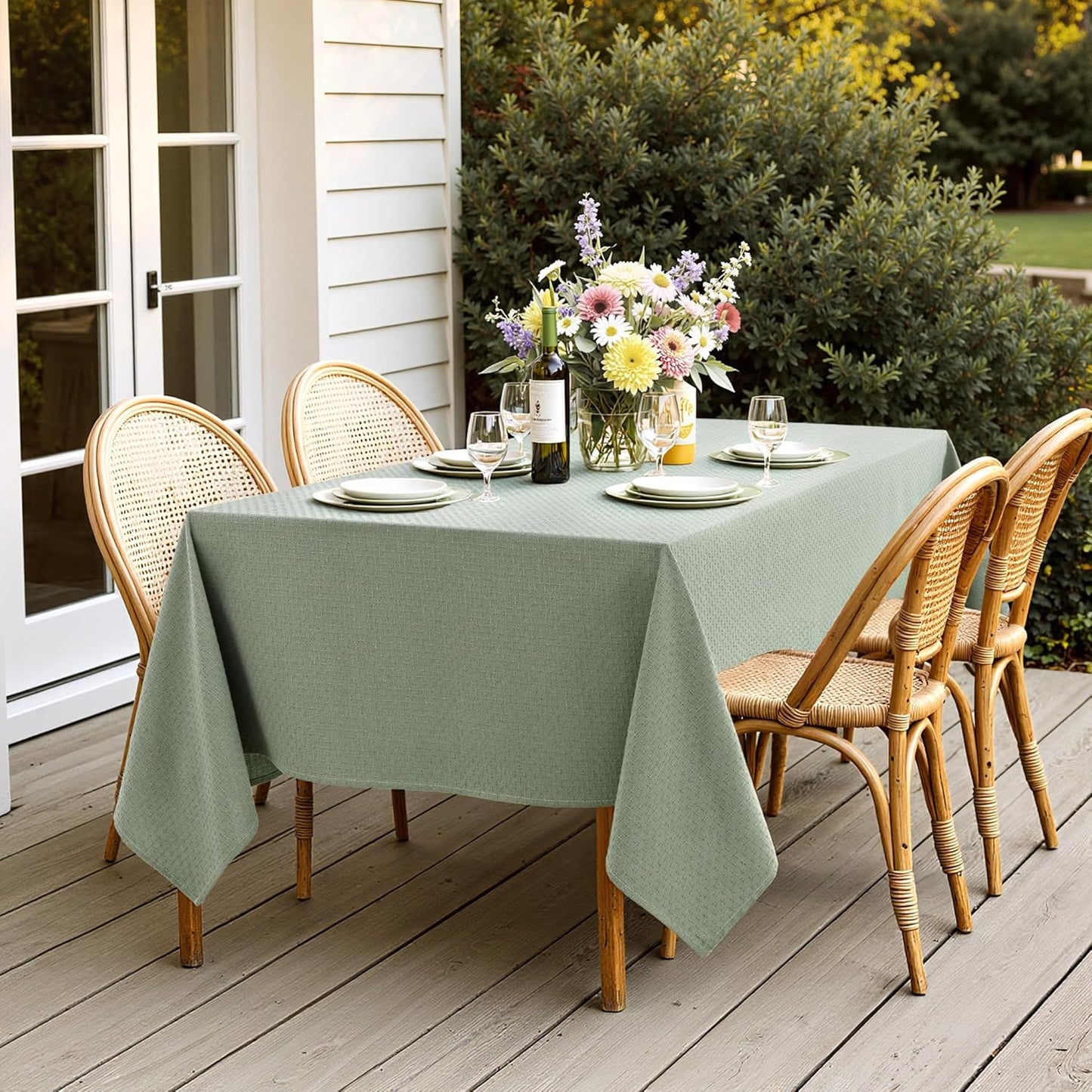 MIULEE Sage Green Linen Cottton Table Cloth Rectangle Tablecloth Waterproof Spillproof Cross-Star Textured Table Cltoth Decorative Farmhouse Style for Dining Party Weddings 52x70 Inch