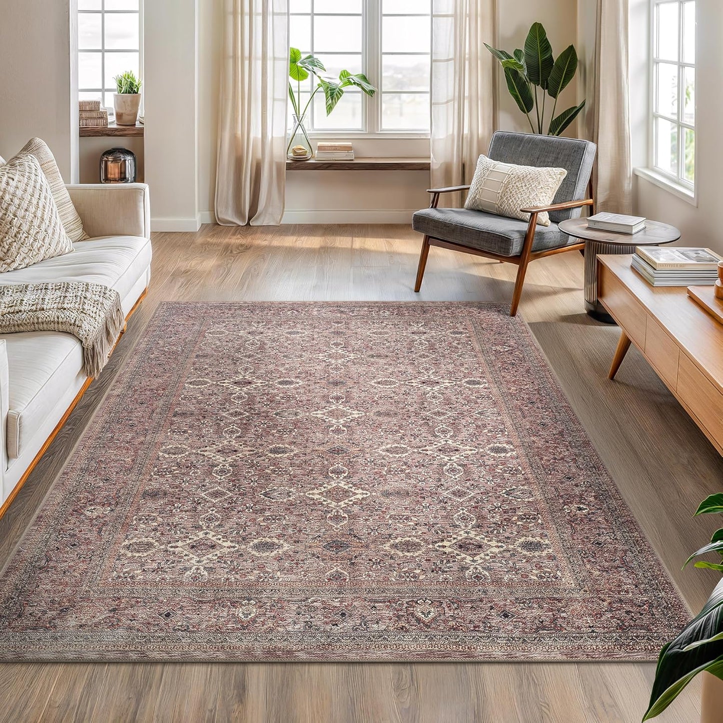 Bloom Rugs Washable Non-Slip 5' x 7' Rug - Beige Traditional Bordered Area Rug for Living Room, Bedroom, Dining Room, and Kitchen - Exact Size: 5' x 7'