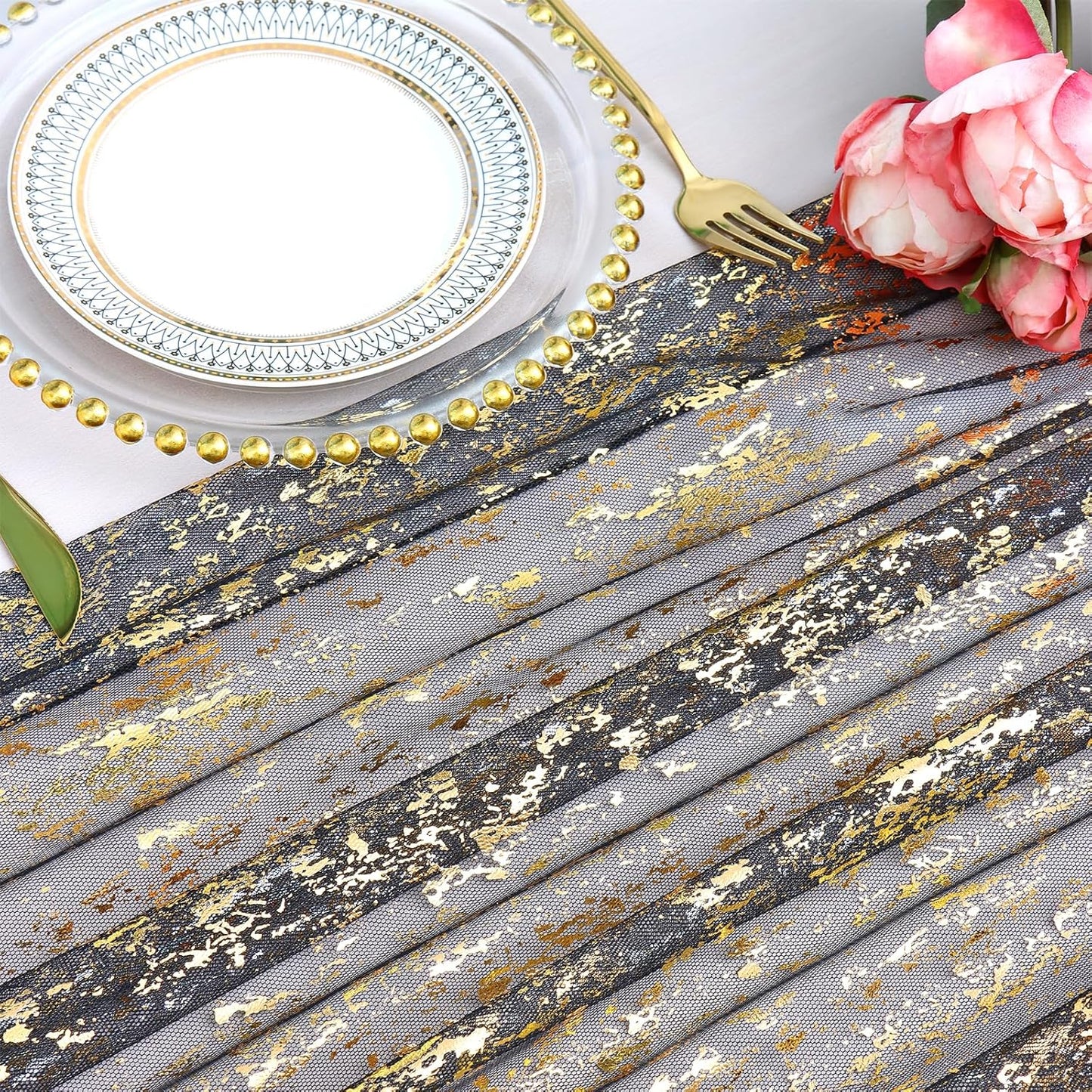 LOMOHOO 10 Ft Black Table Runner, Black Sheer Sequin Table Runners 120 Inches Long Glitter Metallic Foil Lace Fabric Table Decor for Birthday Party Wedding Anniversary Centerpiece (1pcs)