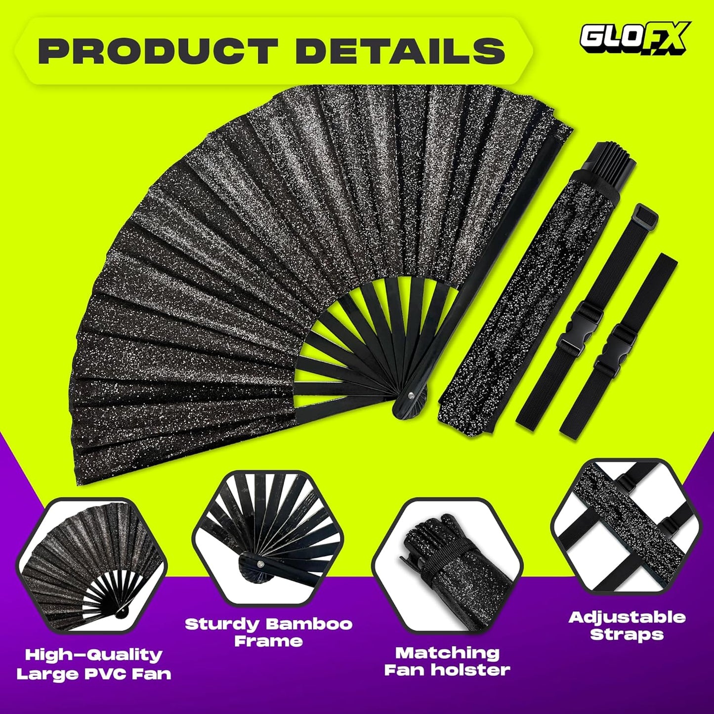 Black Glitter Folding Fan with Holster – Large Handheld Folding Fan with Loud Snap for Festival, Line Dancing, Drag, and Performance – Includes Matching Glitter Belt Holster