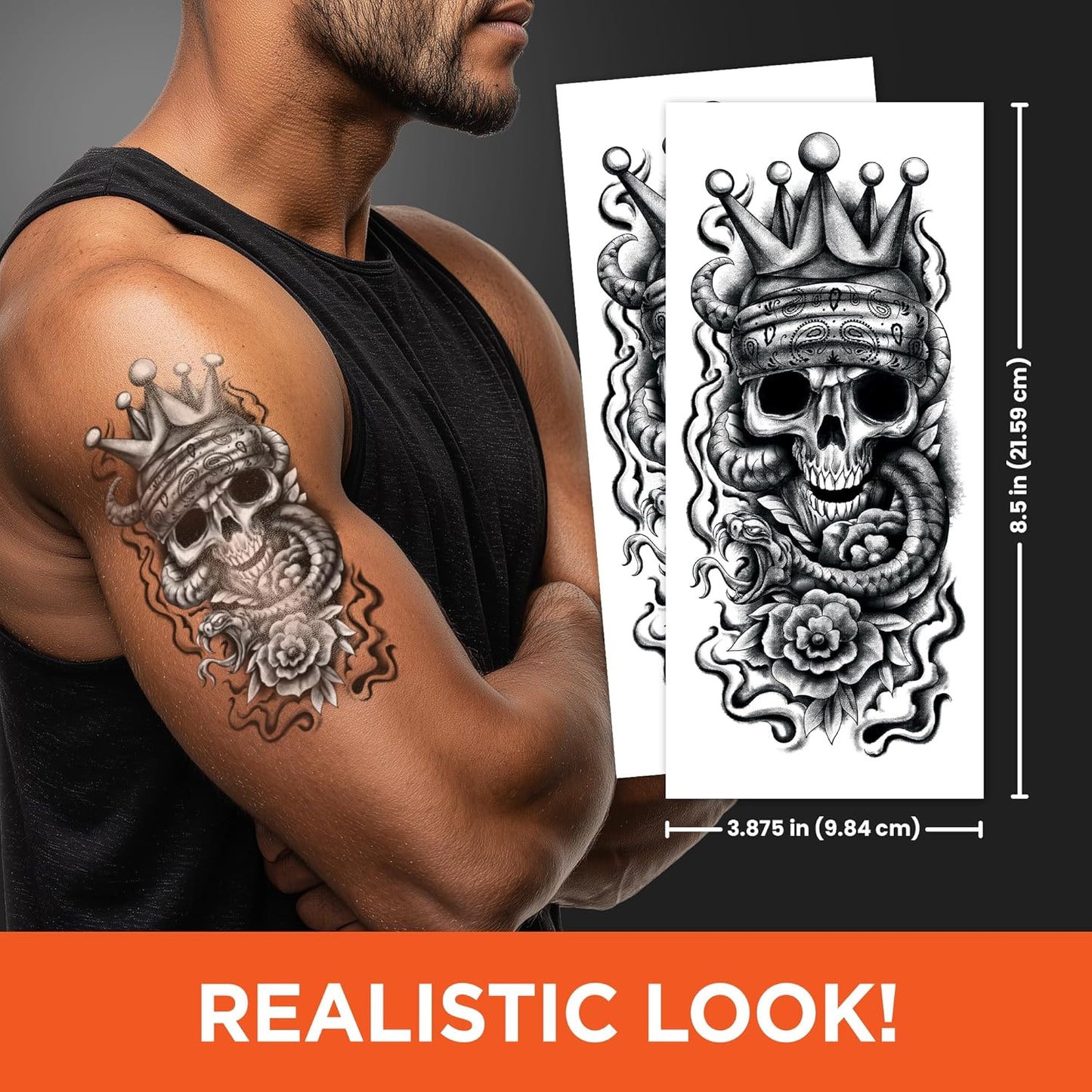 Skull Temporary Tattoo Sleeves – Realistic Full Arm Fake Tattoos for Men & Women, Slip-On Sleeve Style, Reusable Halloween Costume Accessory or Cosplay Prop