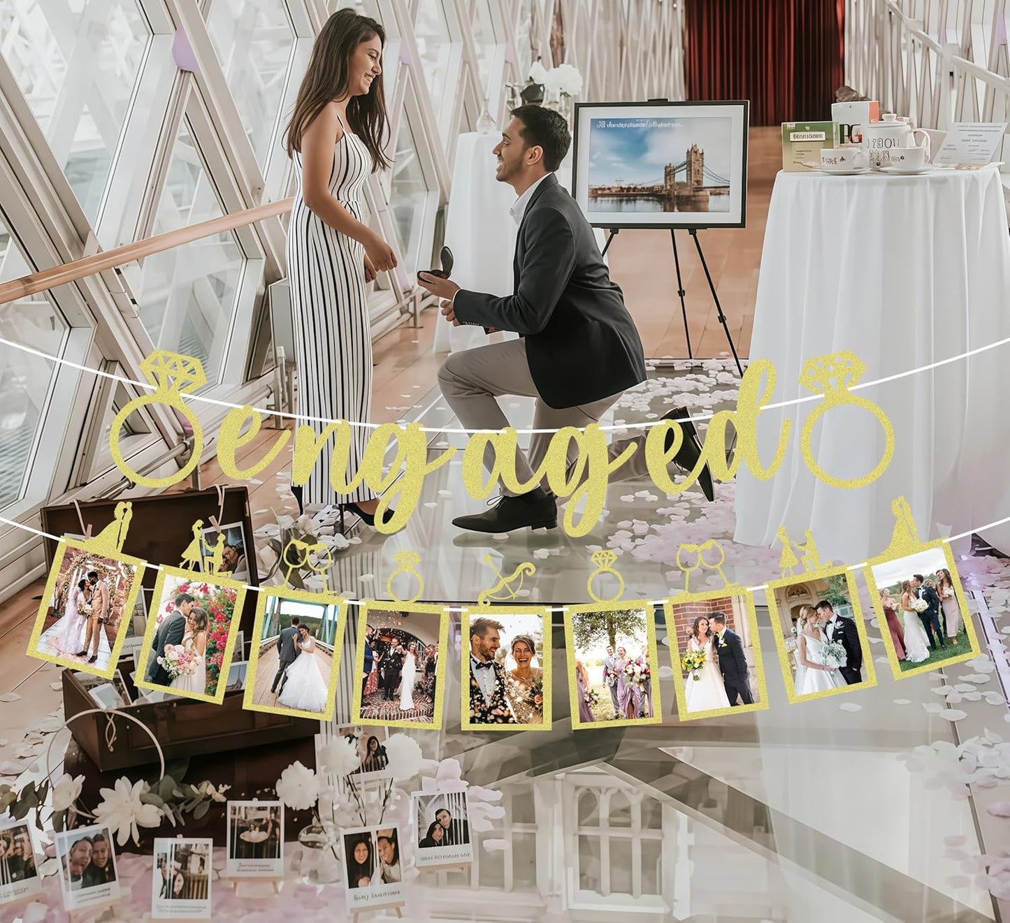 Pre-Strung Engaged Photo Banner - Gold Glitter Engagement Party Decoration Supplies with Romantic Memories Picture Card Frames for Bachelorette, Bridal Shower, Wedding Party Photo Booth Props