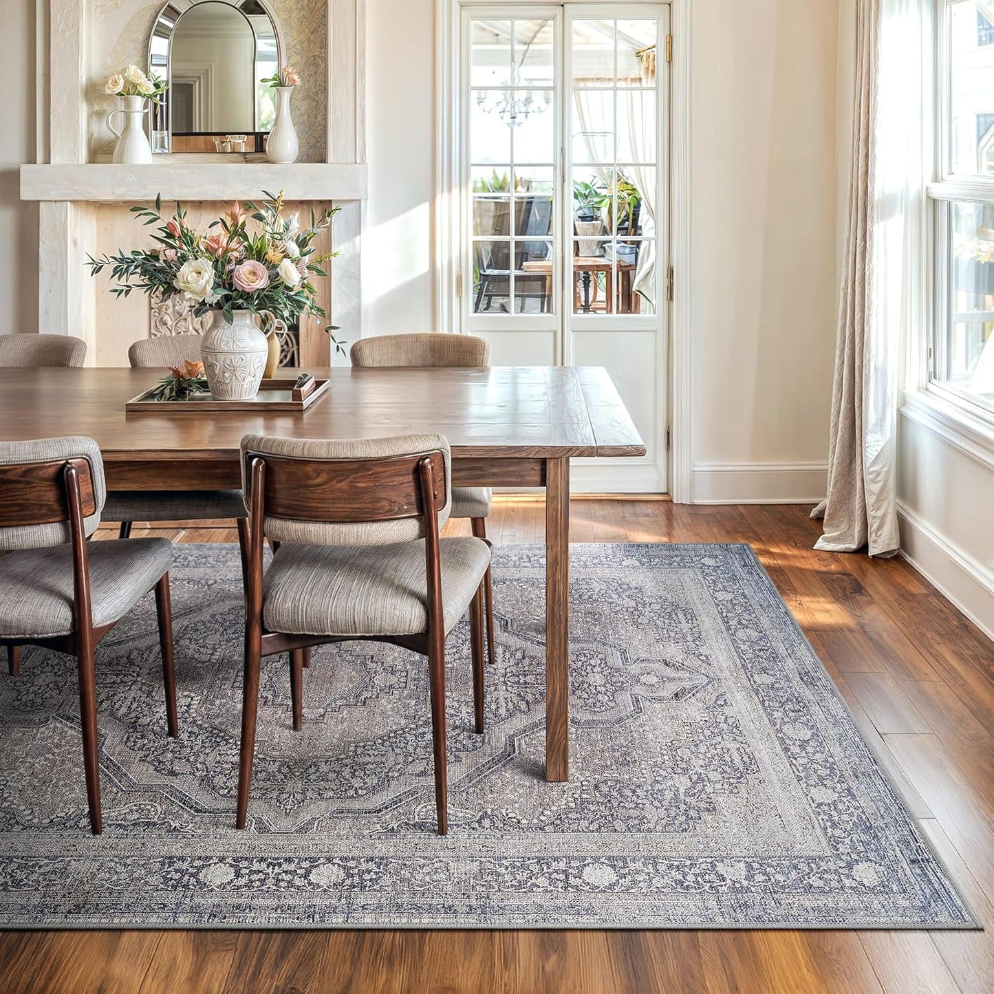 Bloom Rugs Washable Non-Slip 8' x 10' Rug - Blue/Steel Gray/Beige Traditional Medallion Area Rug for Living Room, Bedroom, Dining Room, and Kitchen - Exact Size: 8' x 10'