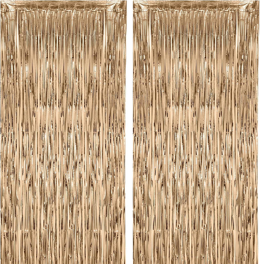 2 Pack Champagne Foil Fringe Backdrop Curtains, Tinsel Streamers Birthday Party Decorations, Fringe Backdrop for Graduation, Baby Shower, Gender Reveal, Disco Party