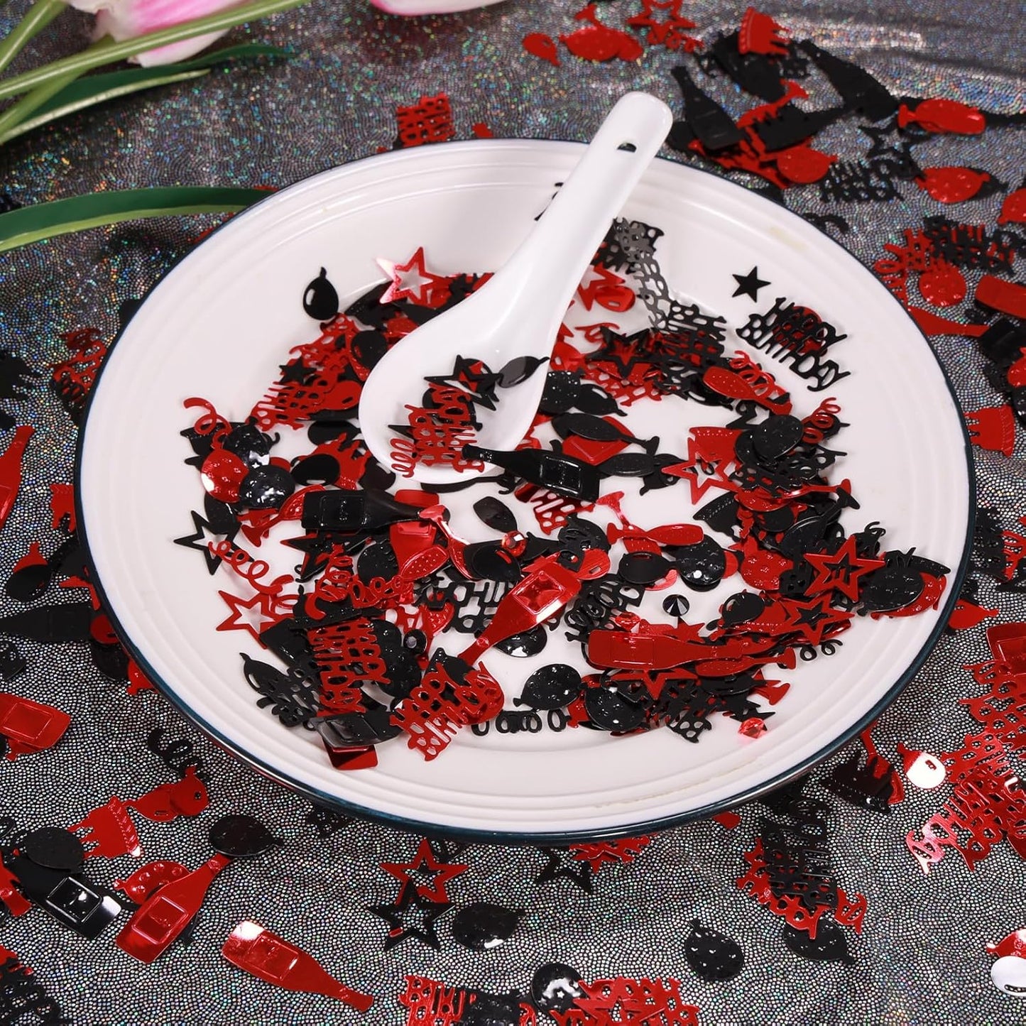 Red and Black Happy Birthday Confetti, 3000 Pcs Birthday Cake Table Metallic Foil Confetti Party Table Decor for Party, Baby Shower, DIY Arts and Crafting