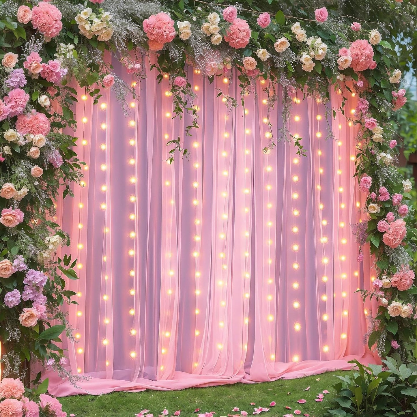 10×10ft Pink Tulle Backdrop Curtain with Lights String for Parties, Sheer Photo Curtain Backdrop Drapes for Wedding Party Photography Backgrounds