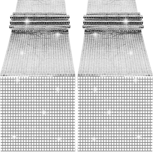 durony 2 Pack Disco Party Table Runner 11 x 108 Inch Mirror Silver Glitter Foil with Sparkle Sequin Table Runner for 70s Bachelorette Parties Disco Cowgirl Party Decorations