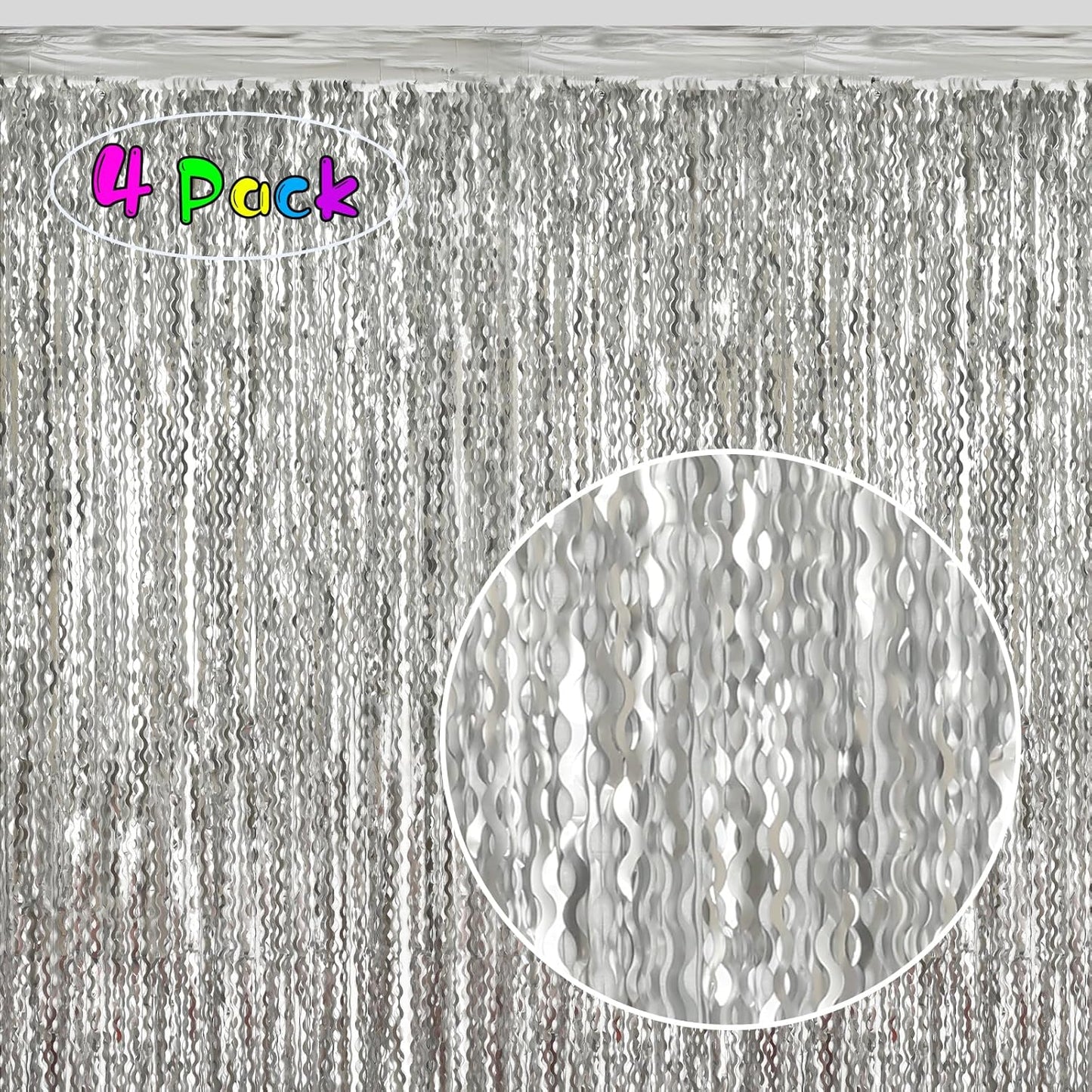 4 Pack 3.3x6.6ft Silver Foil Fringe Backdrop - Wavy Metallic Tinsel Foil Curtains Photo Booth Backdrop for Birthday Wedding Holiday | Silver Streamers Celebration Bachelorette Party Decorations