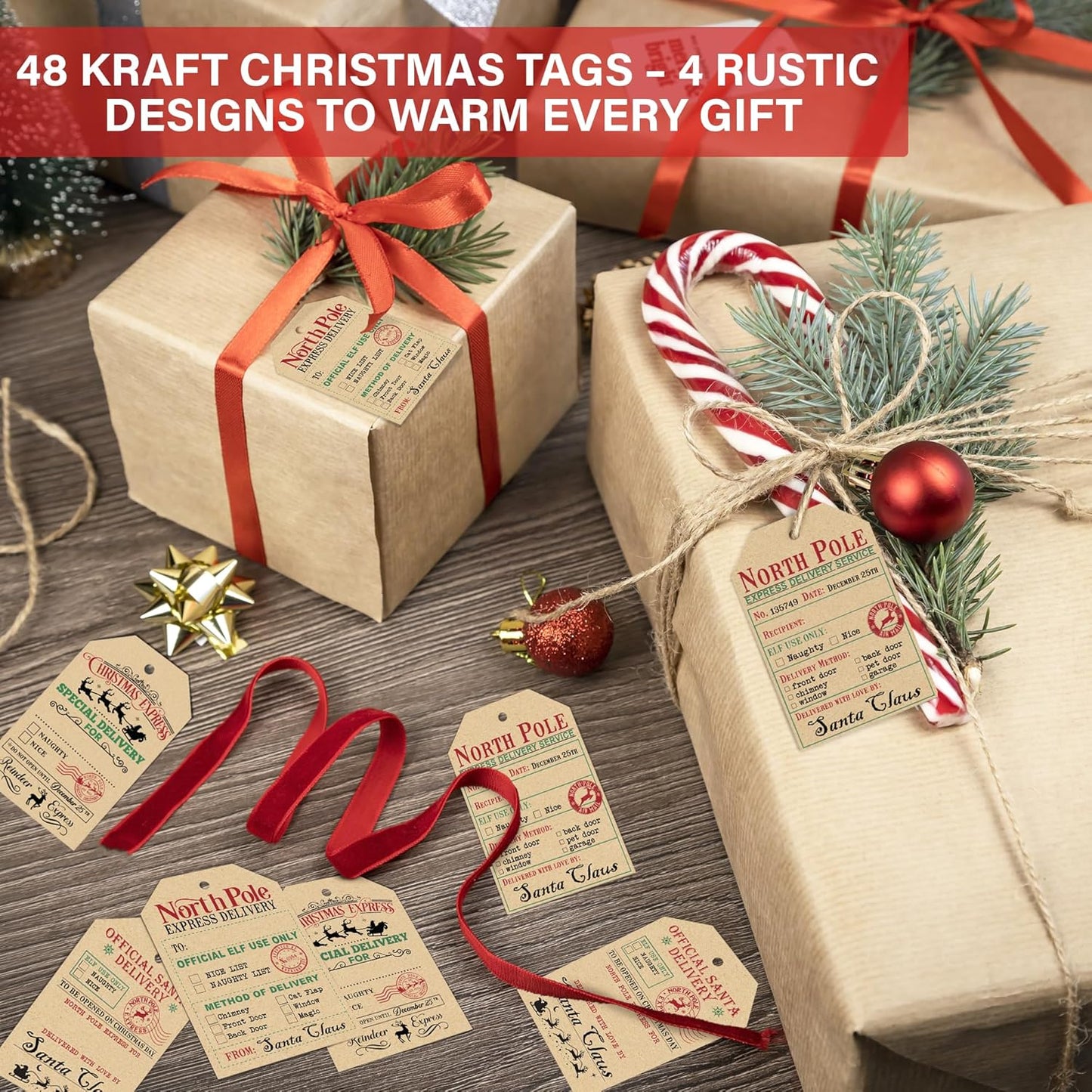 from Santa Christmas Gift Tags, 48 Kraft Labels with String (2x3”), 4 Vintage Santa Tags, Rustic Holiday Name Labels for Presents