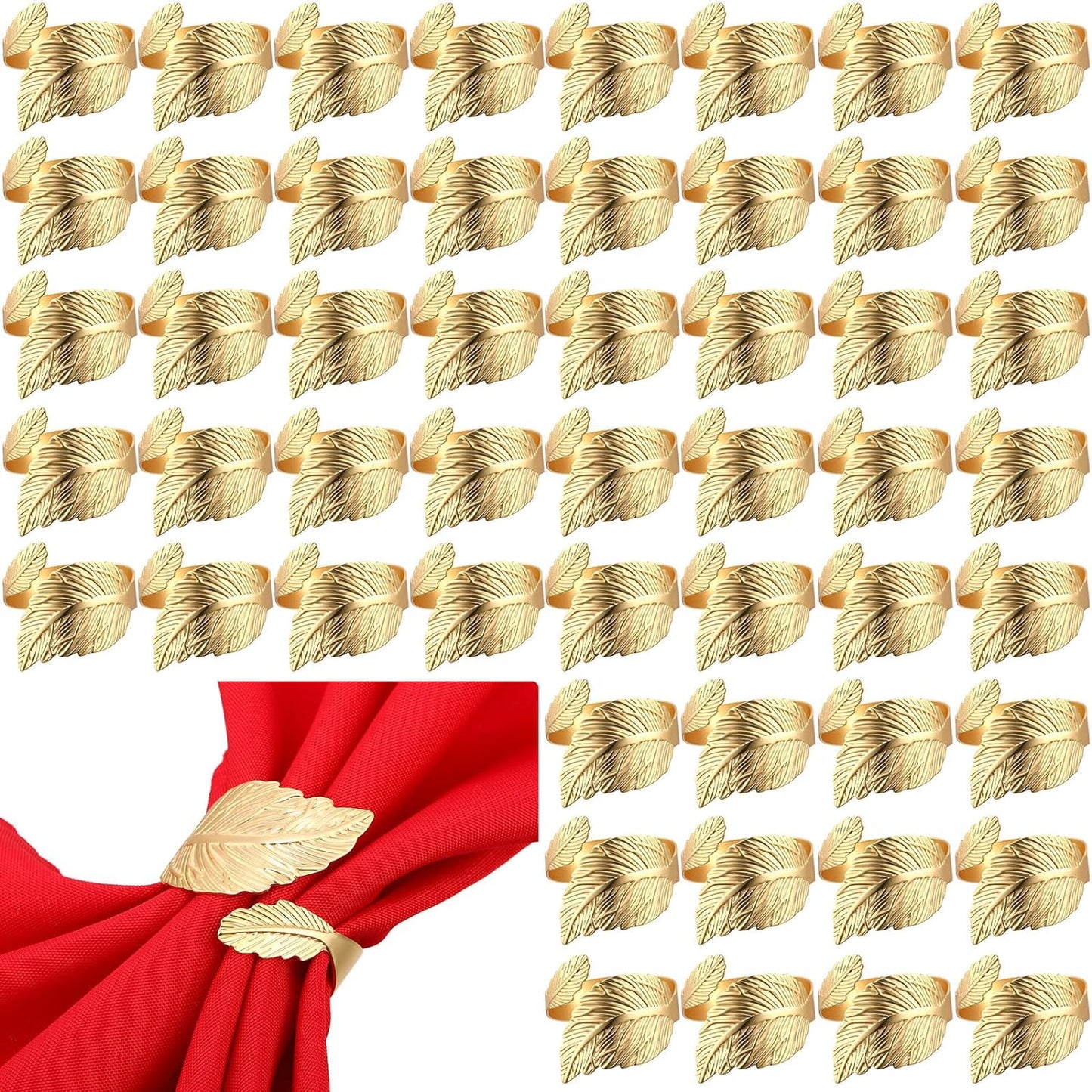 Bokon 100 Pcs Gold Napkin Rings for Wedding Shiny Metal Napkin Holder Study Leaf Shaped Table Decor for Dinner Parties Celebrations Receptions Thanksgiving Easter Christmas