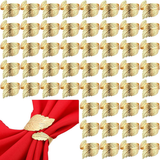 Bokon 100 Pcs Gold Napkin Rings for Wedding Shiny Metal Napkin Holder Study Leaf Shaped Table Decor for Dinner Parties Celebrations Receptions Thanksgiving Easter Christmas