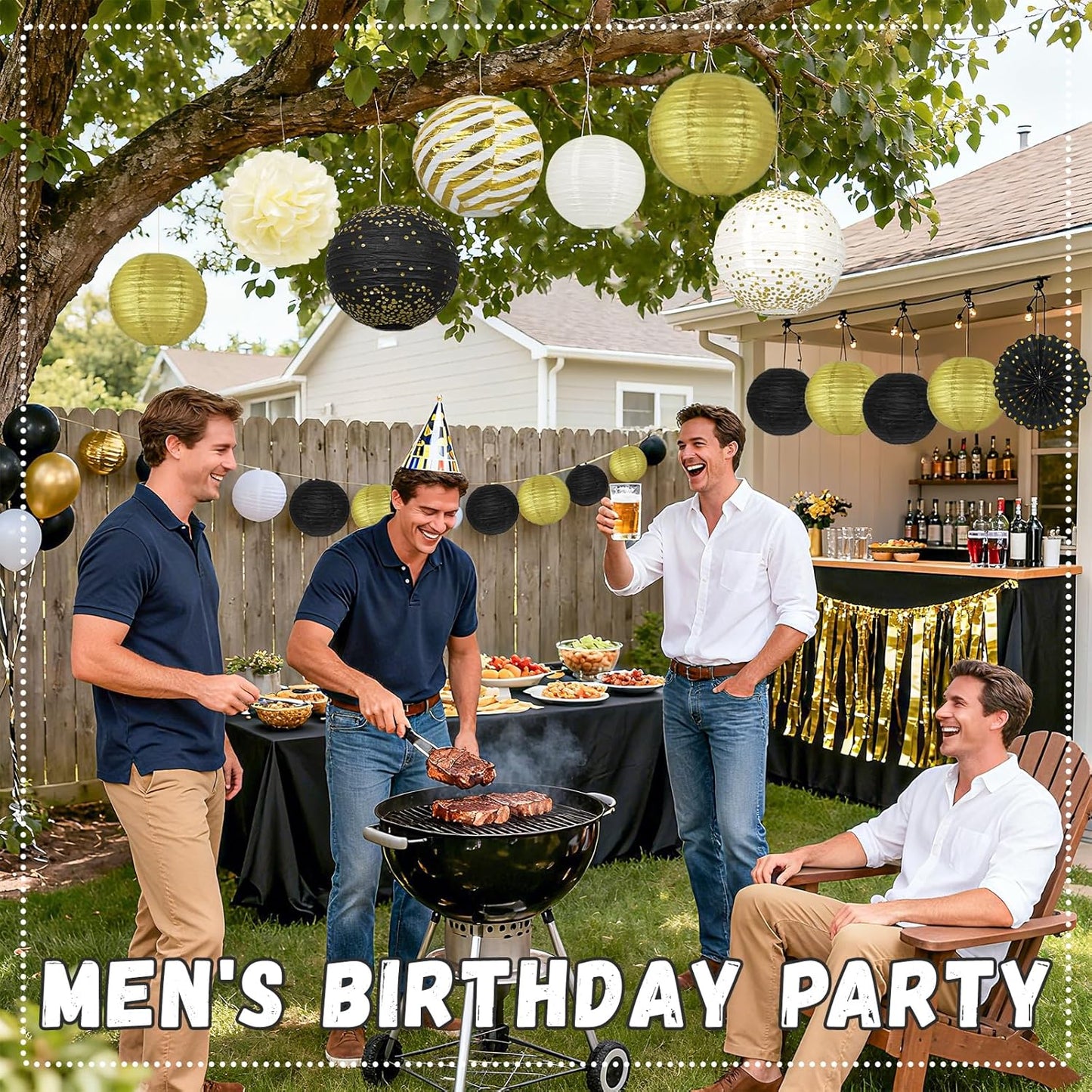 14Pcs Black and Gold Party Decorations, Hanging Paper Lanterns Fans Tissue Flower Pom Poms for Men Birthday Graduation Retirement New Years Decorations New Years Eve Party Supplies 2026