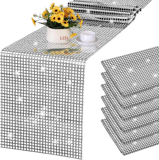 Durony 6 Pack Disco Party Table Runners, 11 x 108 Inch Silver Glitter Foil with Sparkle Sequin, Ideal for Bachelorette, 70s, Disco, Cowgirl Parties