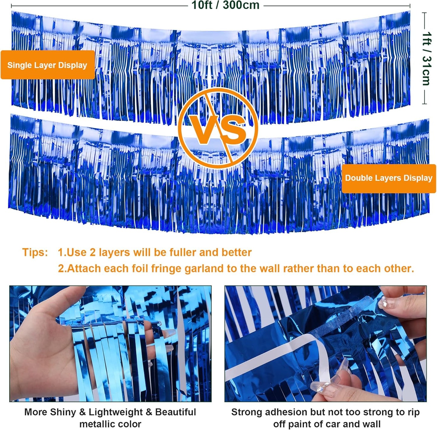 4 Pack Iridescent Float Fringe Curtains, Metallic Foil Fringe Garland Shiny Tassel Foil Parade Float Decorations for Trailer Car Graduation Homecoming Outdoor Indoor Party (Royal Blue)