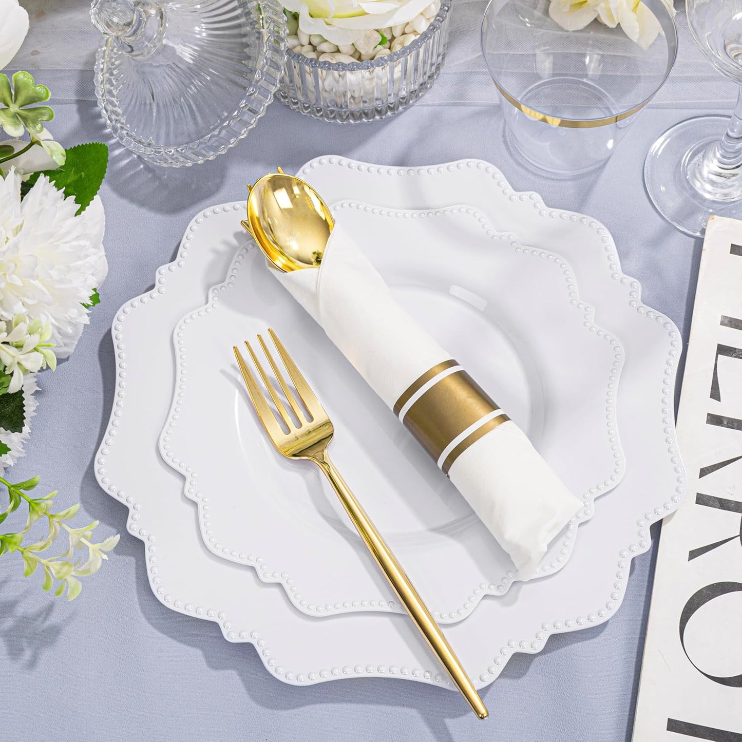 COLOSUS 350pcs White Plastic Plates Disposable Gold Cutlery Dinnerware set for party: 50 Dinner Plate, 50 Dessert Plate, 50 Per Rolled Napkins with Gold Silverware, 50 Cups 9 OZ for Wedding & Party