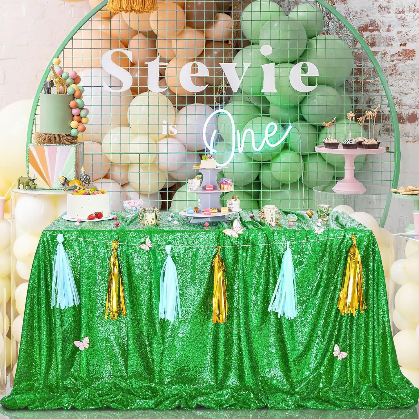QueenDream Rectangle Tablecloth 90x132 Inches Green Sequin Table Clothes Overlay Birthday Decorations
