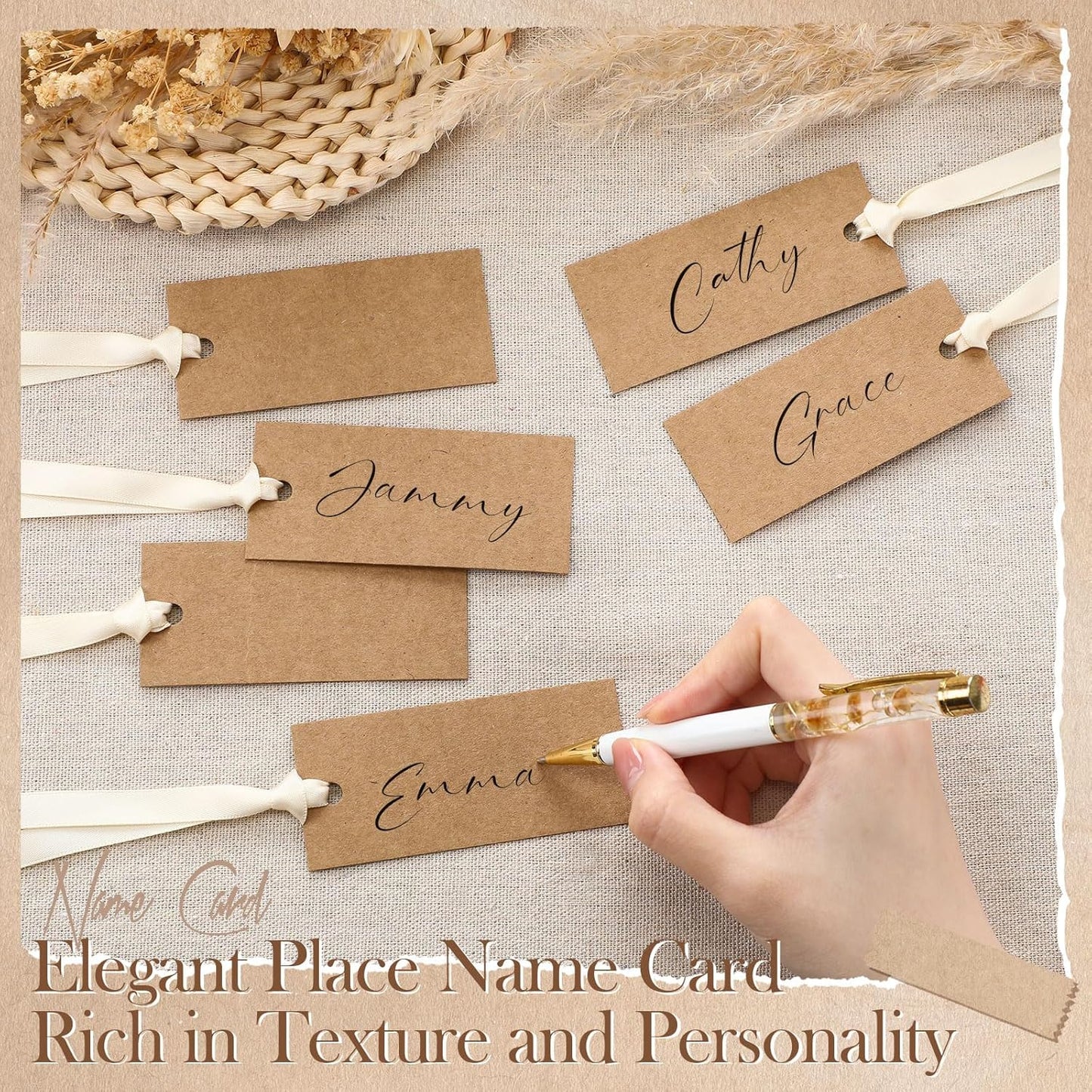 50 Pcs Name Place Cards for Table Setting Blank Wedding Place Cards with Satin Ribbon 1.57 x 3.54 Inch Hanging Gift Tags for Wedding Dinner Banquet Party Table Setting Supplies (Kraft)