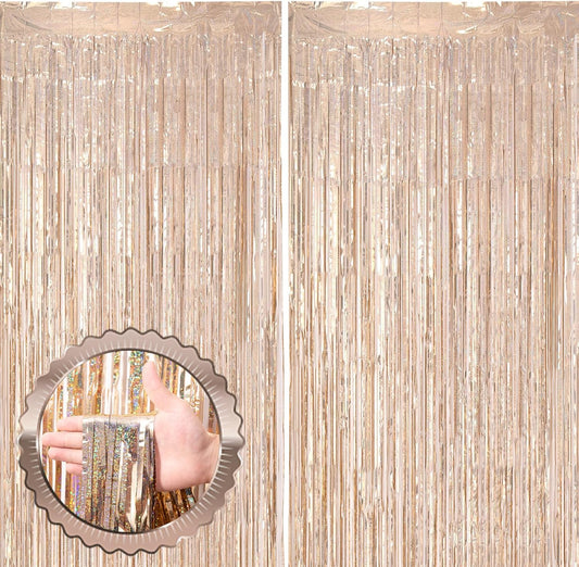 2 Pack Champagne Gold Tinsel Foil Fringe Curtains, Champagne Party Decorations, Metallic Tinsel Party Streamers Backdrop for Birthday Baby Shower Graduation Wedding Party Decorations