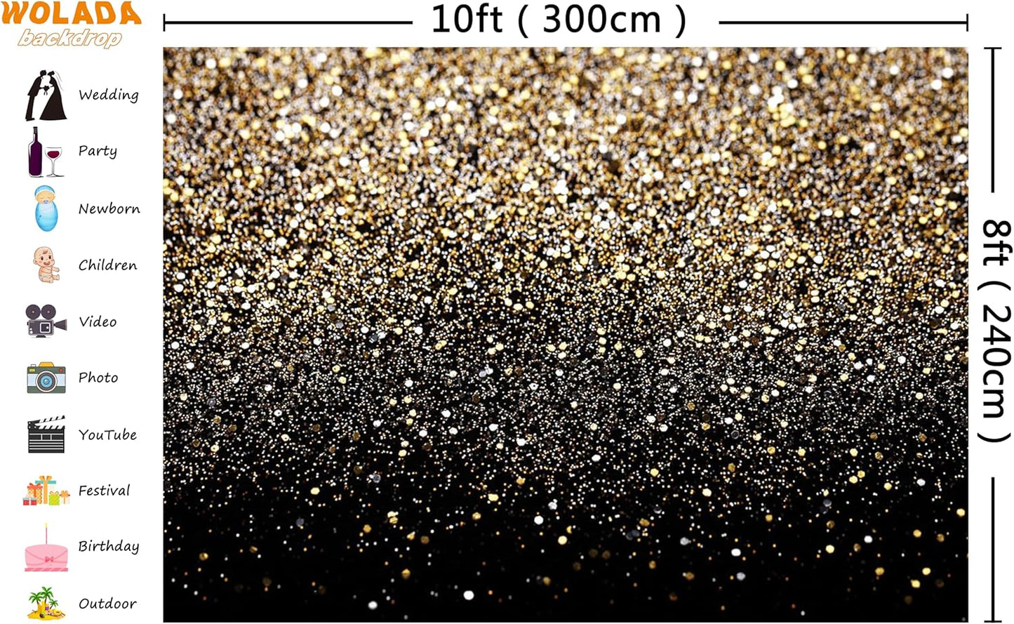 WOLADA Black and Gold Backdrop Golden Glitter Backdrop for Photography Wedding Birthday Baby Shower Party Photo Studio 10x8FT 11176